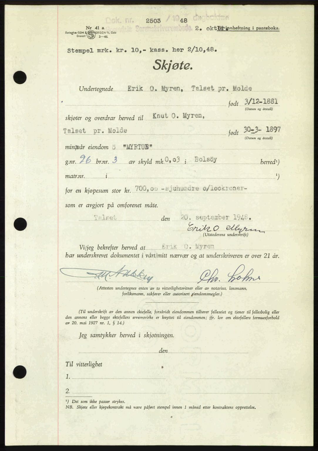 Romsdal sorenskriveri, AV/SAT-A-4149/1/2/2C: Mortgage book no. A27, 1948-1948, Diary no: : 2503/1948