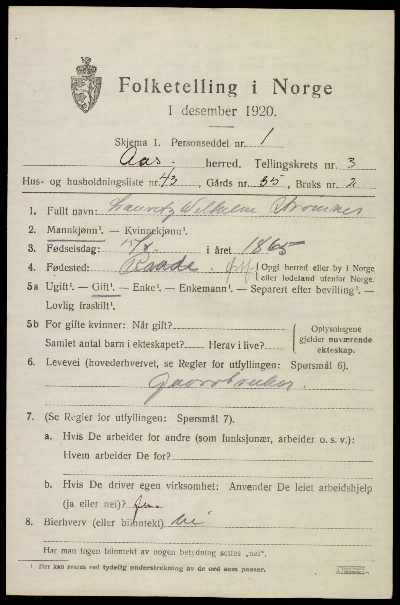 SAO, 1920 census for Ås, 1920, p. 4212
