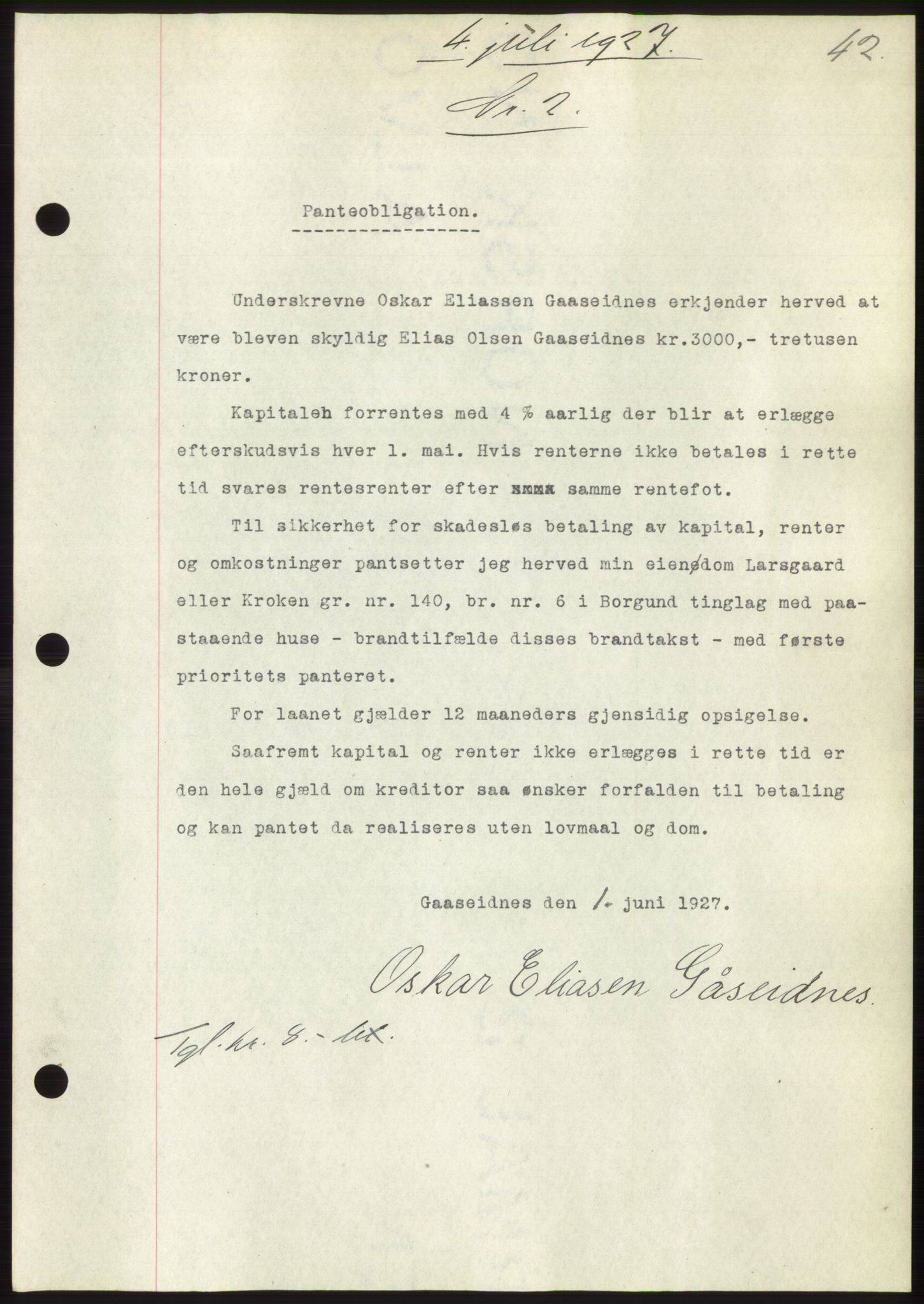 Nordre Sunnmøre sorenskriveri, AV/SAT-A-0006/1/2/2C/2Ca/L0037: Mortgage book no. 40, 1927-1927, Deed date: 04.07.1927