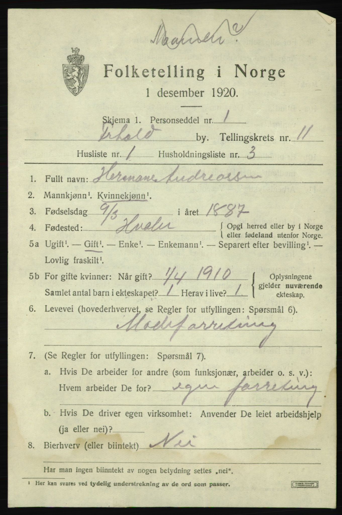 SAO, 1920 census for Fredrikshald, 1920, p. 18739