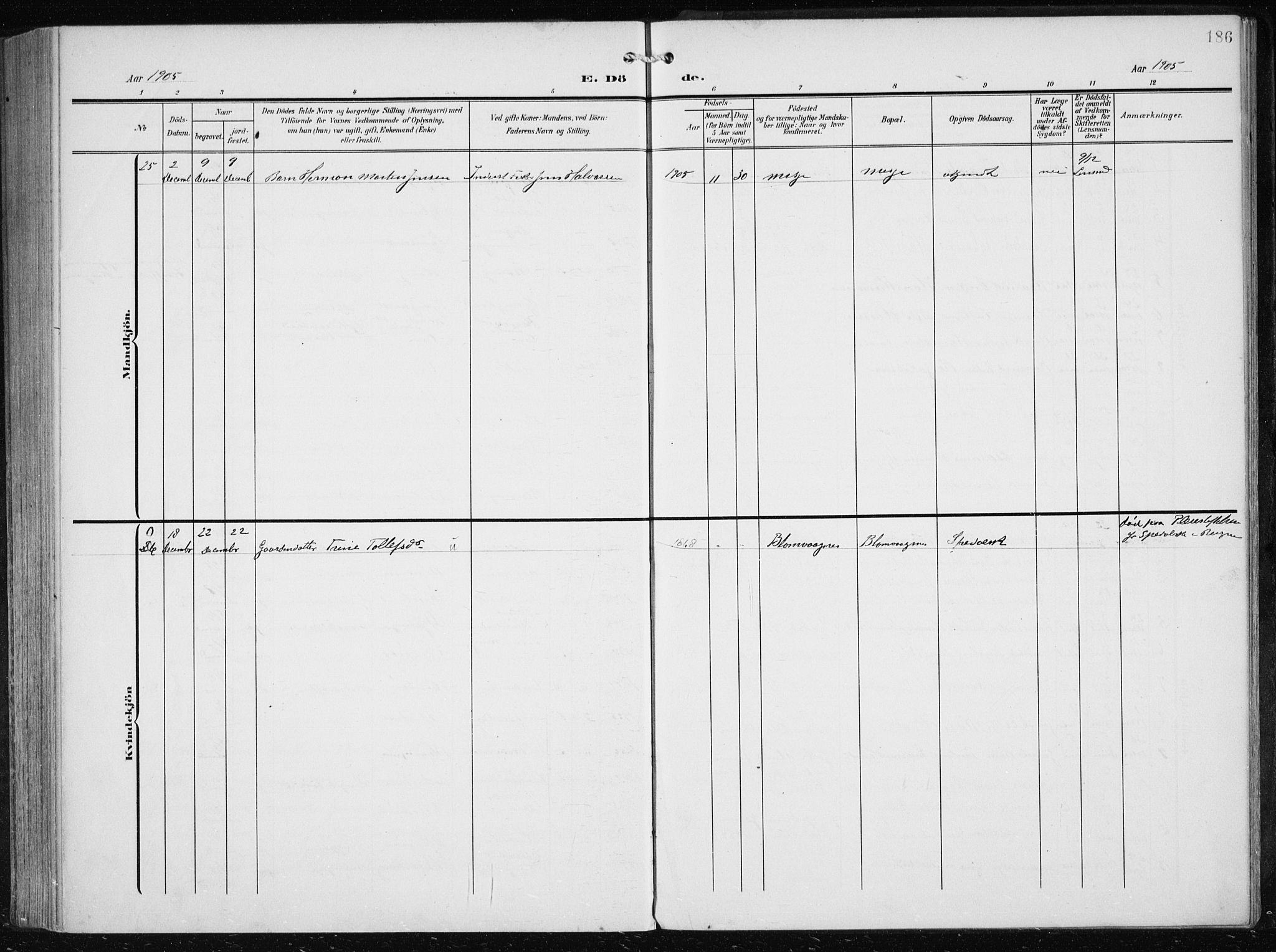 Herdla Sokneprestembete, AV/SAB-A-75701/H/Haa: Parish register (official) no. A 5, 1905-1918, p. 186