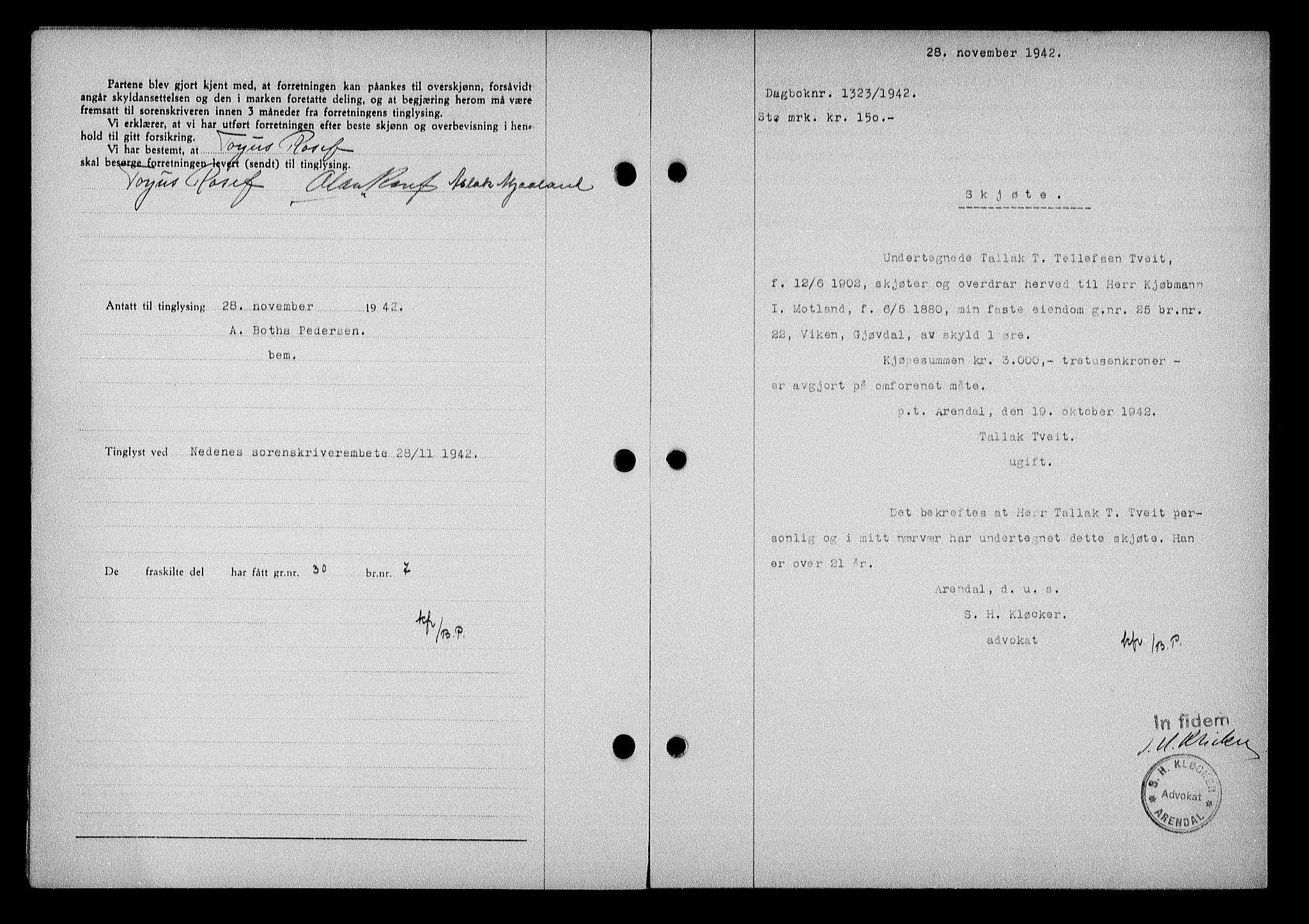 Nedenes sorenskriveri, SAK/1221-0006/G/Gb/Gba/L0050: Mortgage book no. A-IV, 1942-1943, Diary no: : 1323/1942