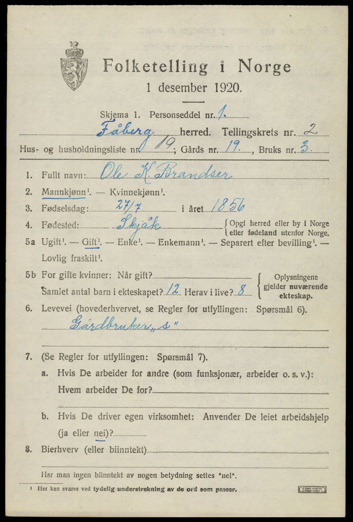 SAH, 1920 census for Fåberg, 1920, p. 3456