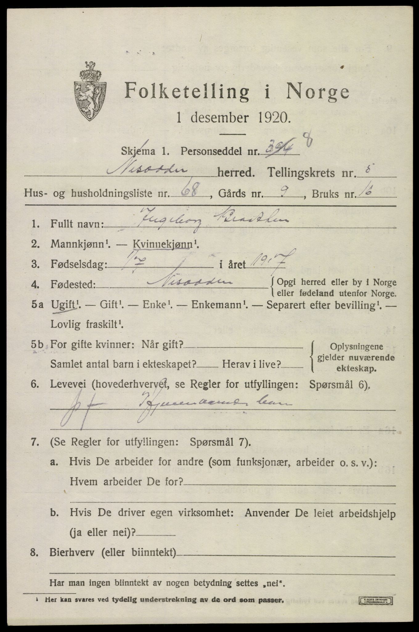 SAO, 1920 census for Nesodden, 1920, p. 5343