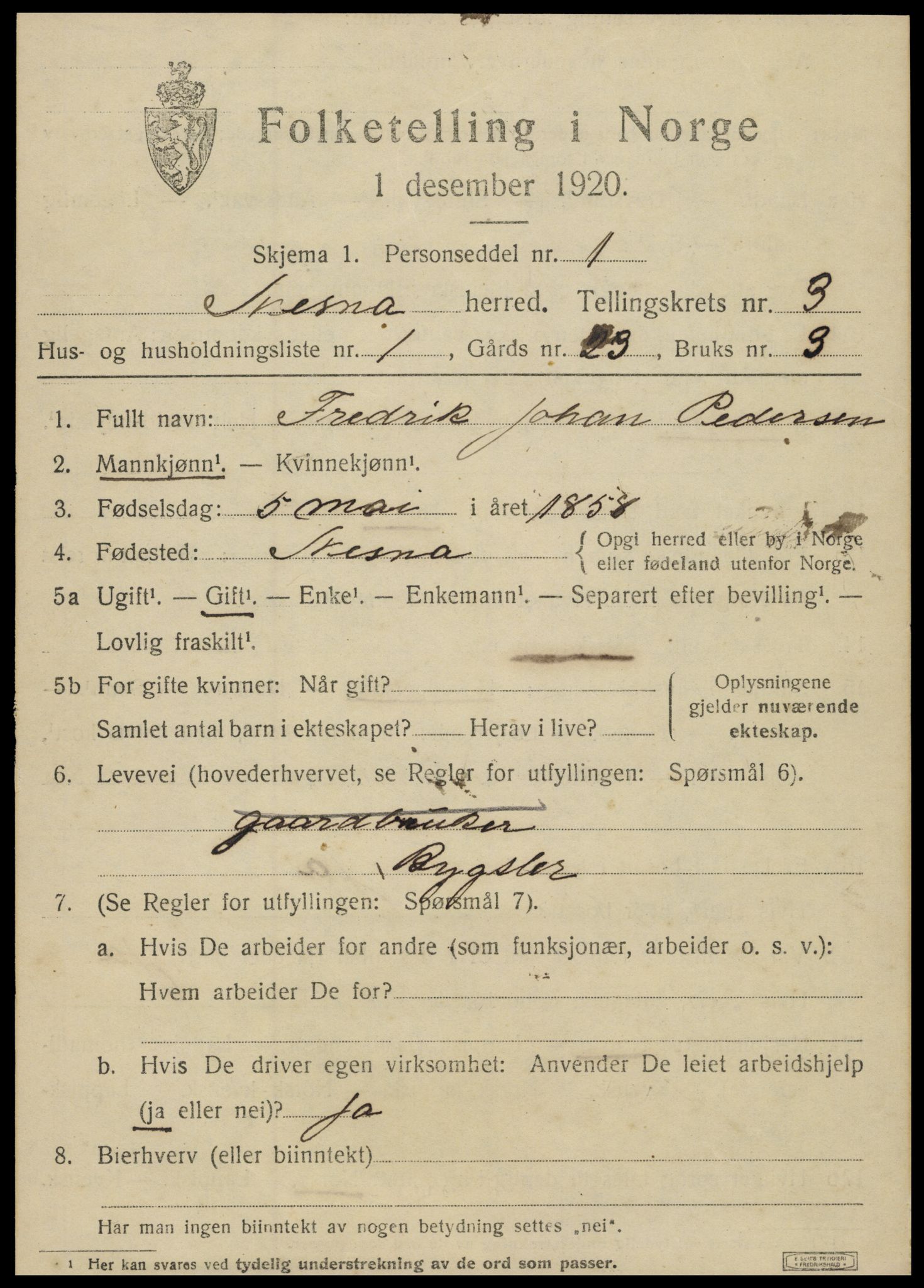 SAT, 1920 census for Nesna, 1920, p. 2559