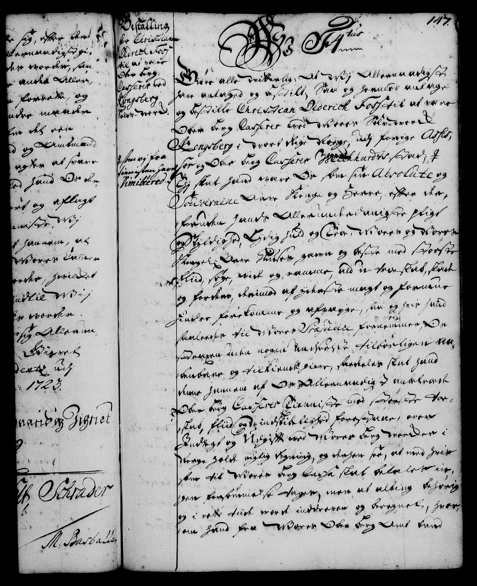Rentekammeret, Kammerkanselliet, RA/EA-3111/G/Gg/Gge/L0001: Norsk bestallingsprotokoll med register (merket RK 53.25), 1720-1730, p. 147
