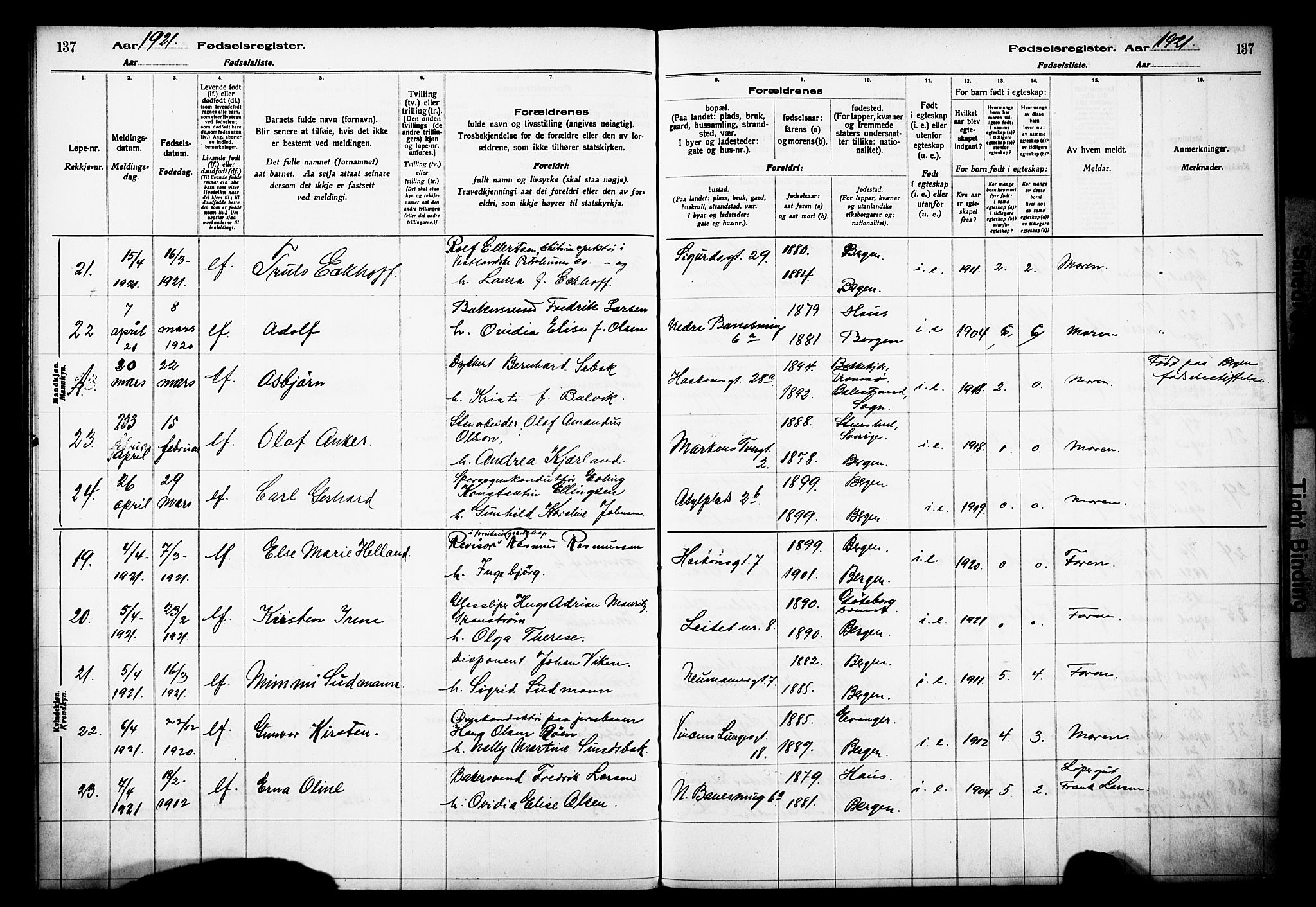 Domkirken sokneprestembete, AV/SAB-A-74801/I/Id/L00A1: Birth register no. A 1, 1916-1923, p. 137