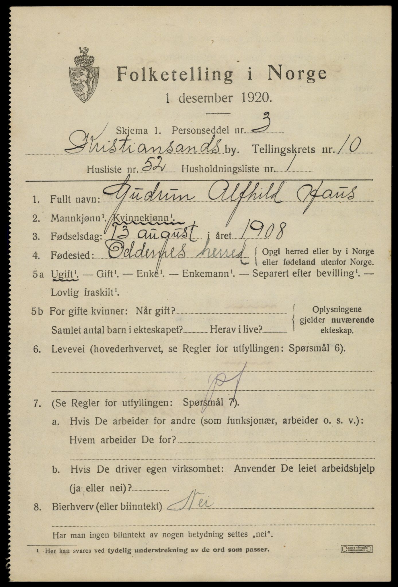 SAK, 1920 census for Kristiansand, 1920, p. 24631