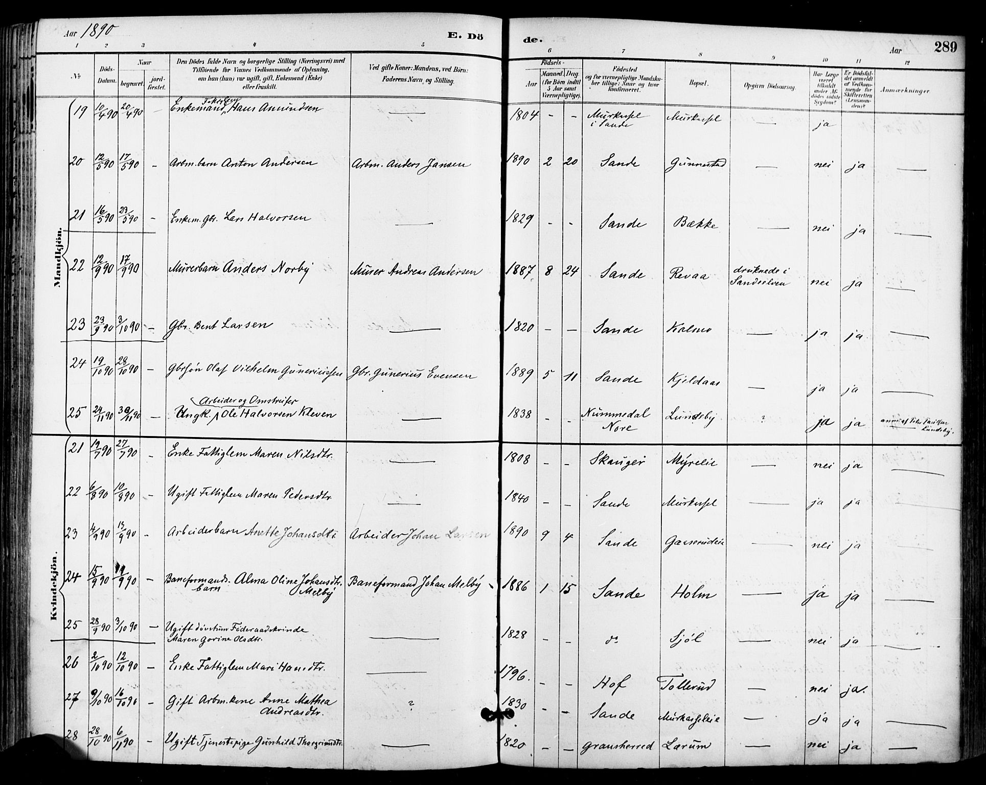 Sande Kirkebøker, AV/SAKO-A-53/F/Fa/L0007: Parish register (official) no. 7, 1888-1903, p. 289