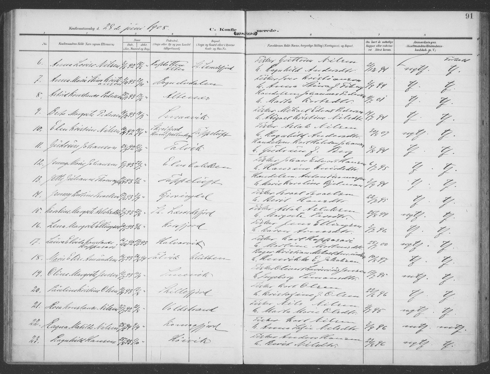 Talvik sokneprestkontor, SATØ/S-1337/H/Ha/L0017kirke: Parish register (official) no. 17, 1906-1915, p. 91