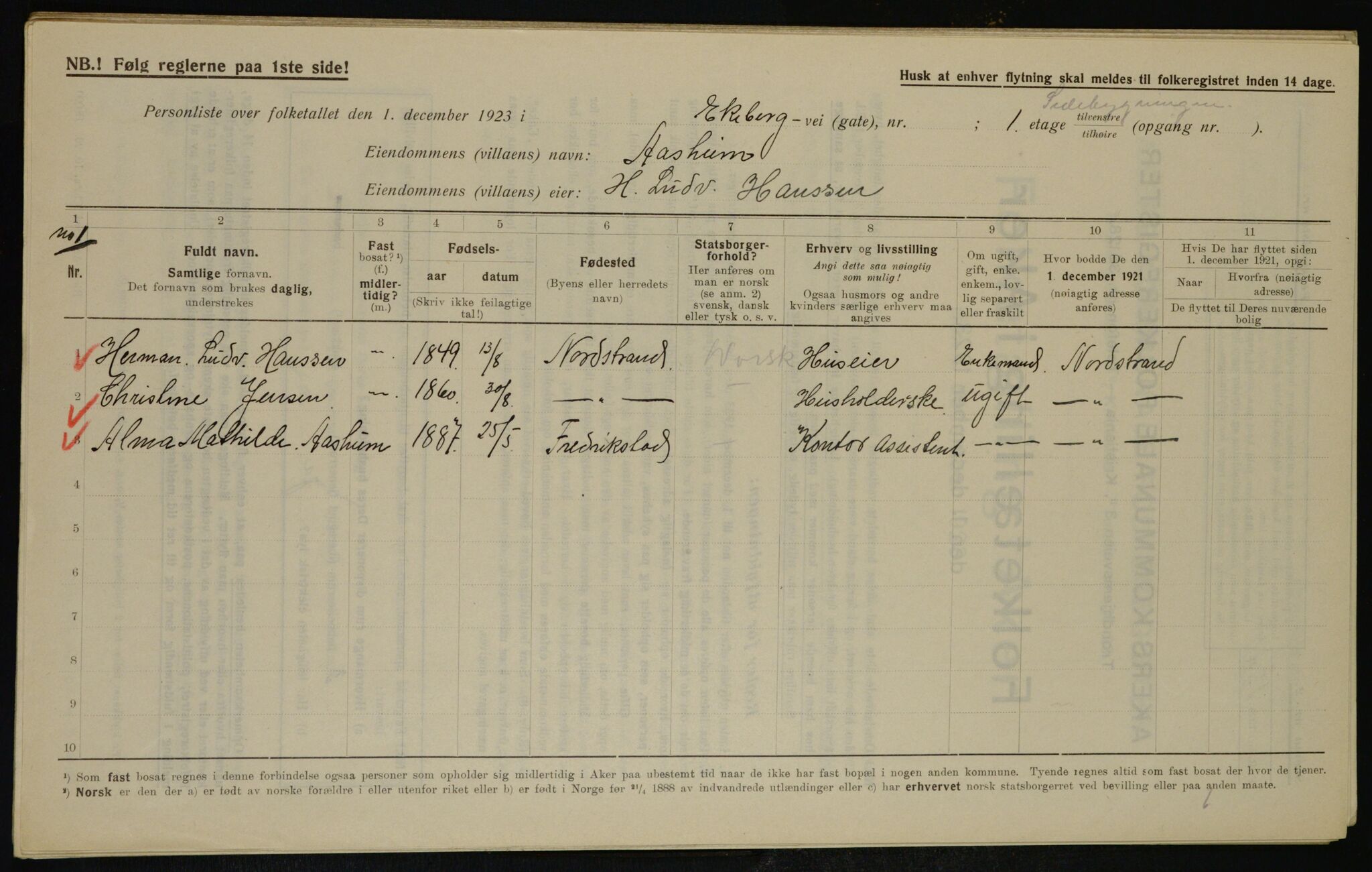 , Municipal Census 1923 for Aker, 1923, p. 37317