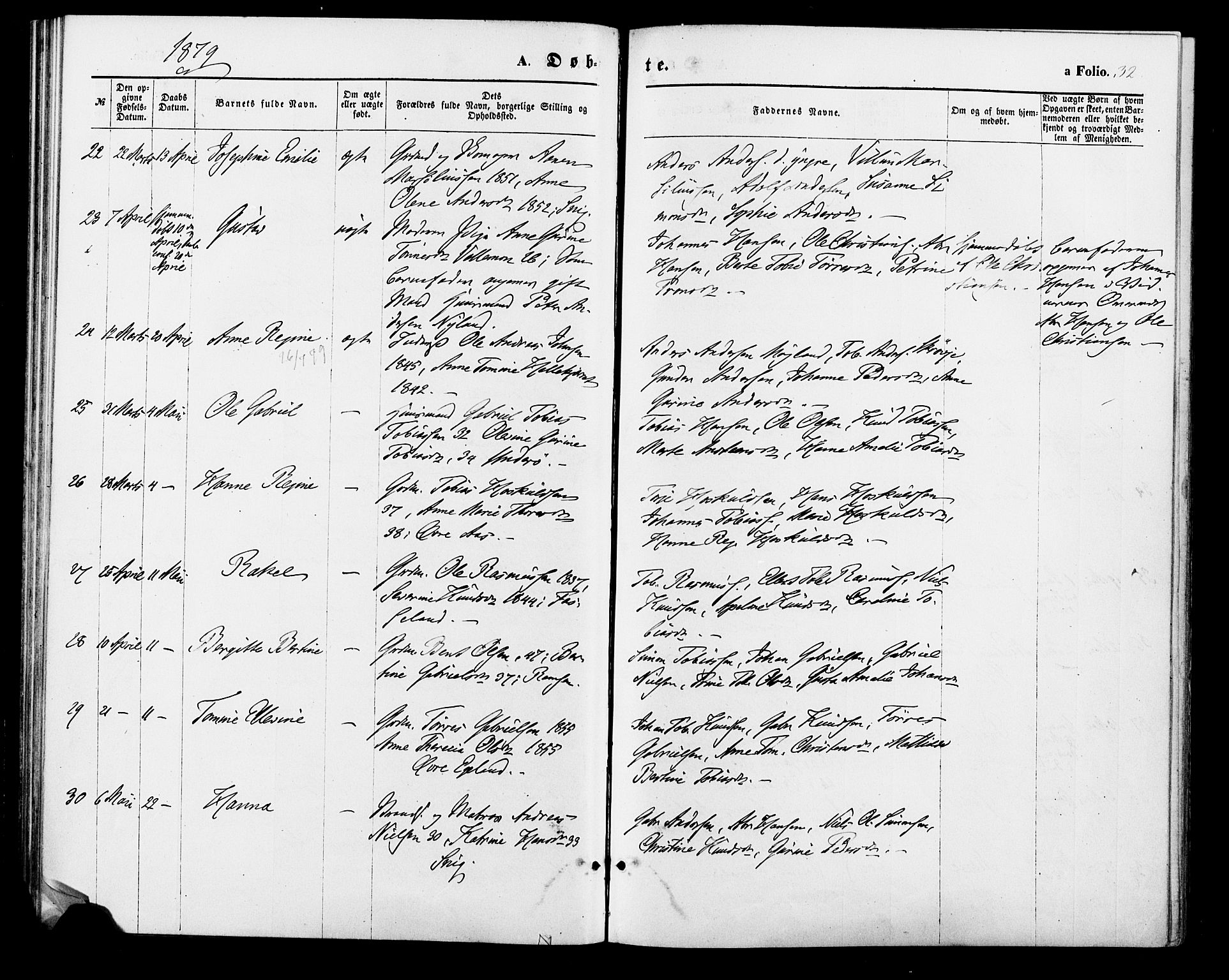 Sør-Audnedal sokneprestkontor, AV/SAK-1111-0039/F/Fa/Fab/L0008: Parish register (official) no. A 8, 1876-1881, p. 32