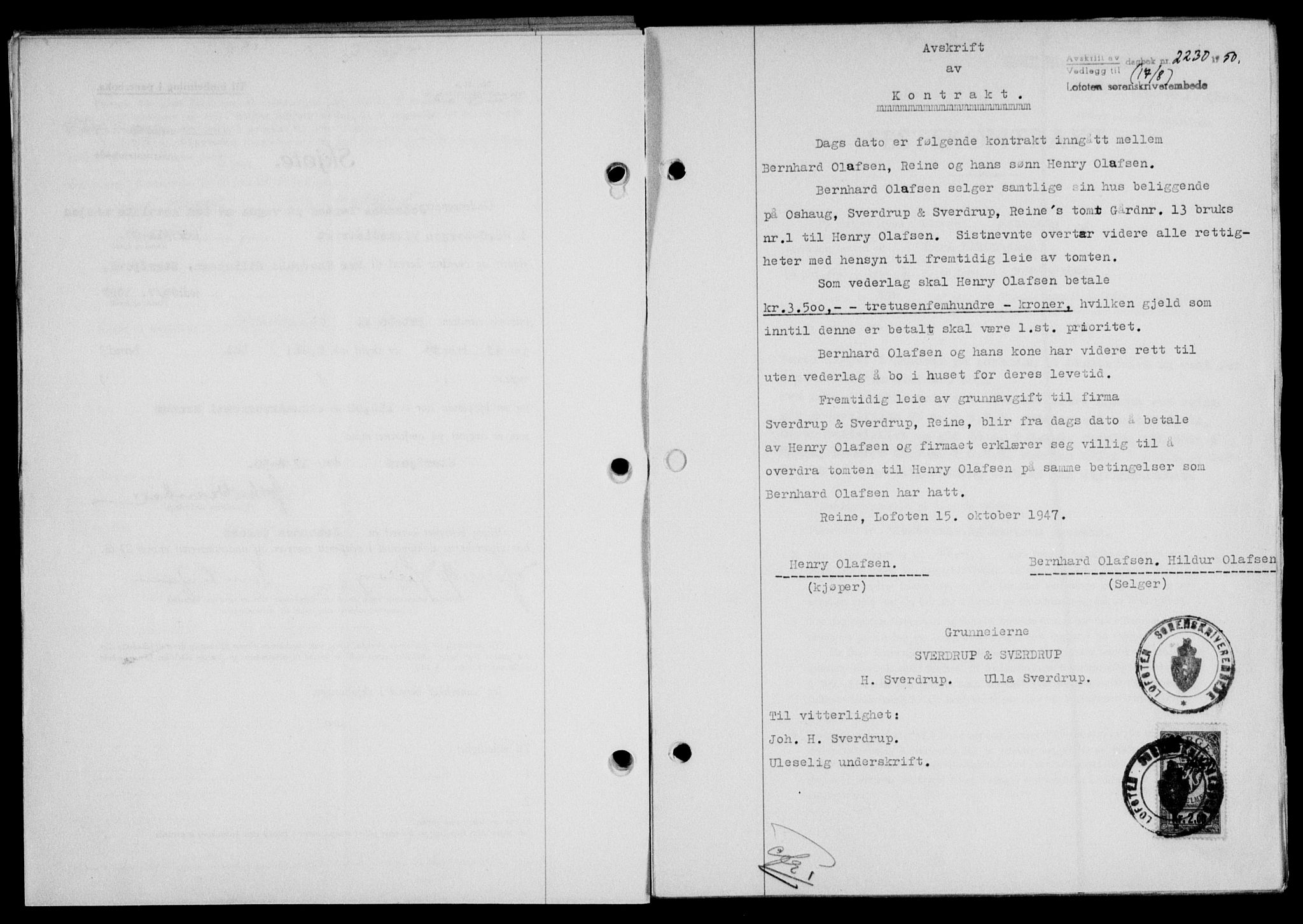 Lofoten sorenskriveri, SAT/A-0017/1/2/2C/L0024a: Mortgage book no. 24a, 1950-1950, Diary no: : 2230/1950