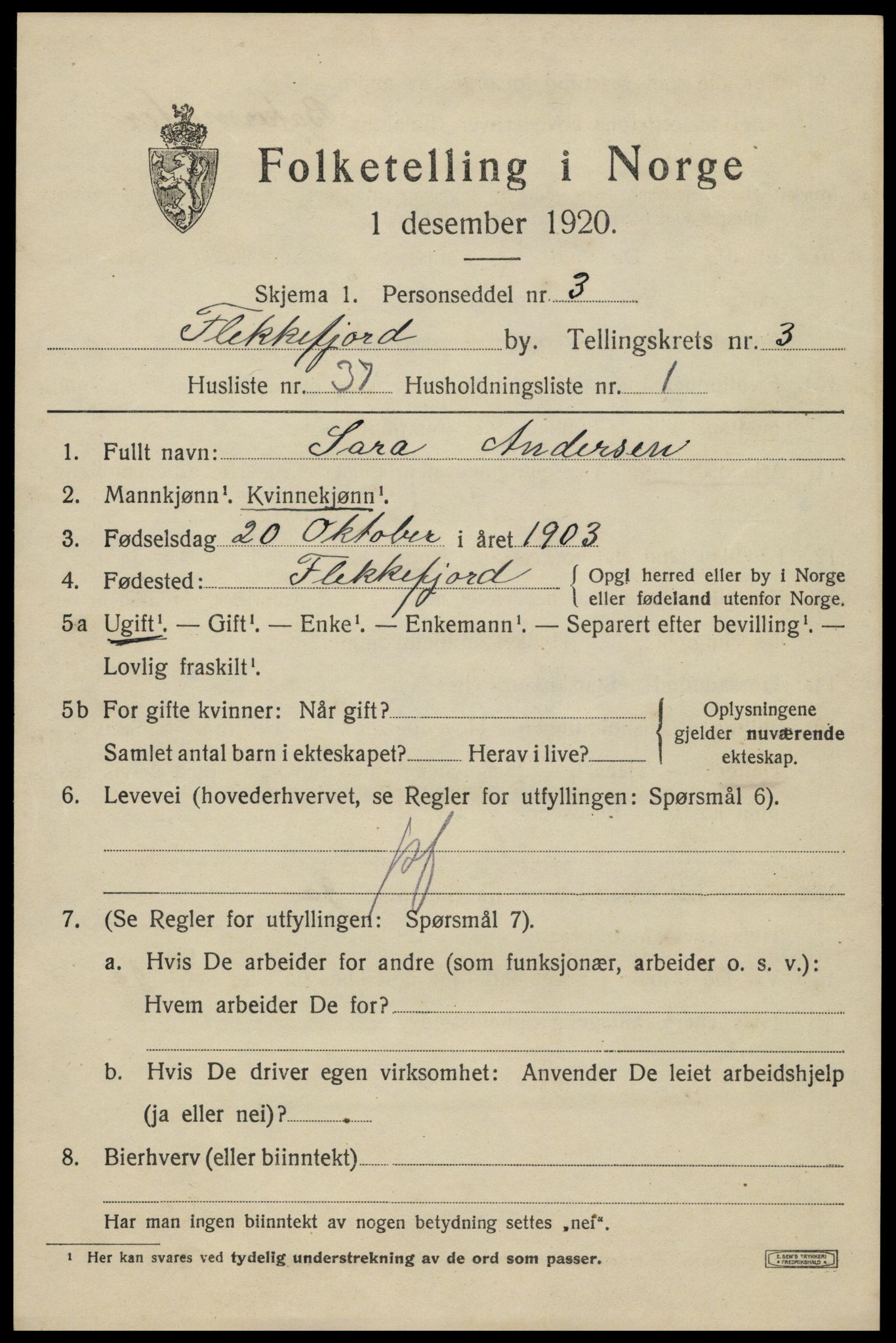 SAK, 1920 census for Flekkefjord, 1920, p. 3838