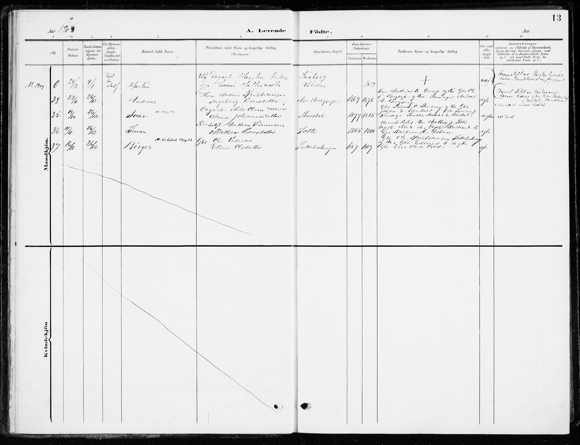 Ringsaker prestekontor, AV/SAH-PREST-014/K/Ka/L0021: Parish register (official) no. 21, 1905-1920, p. 13