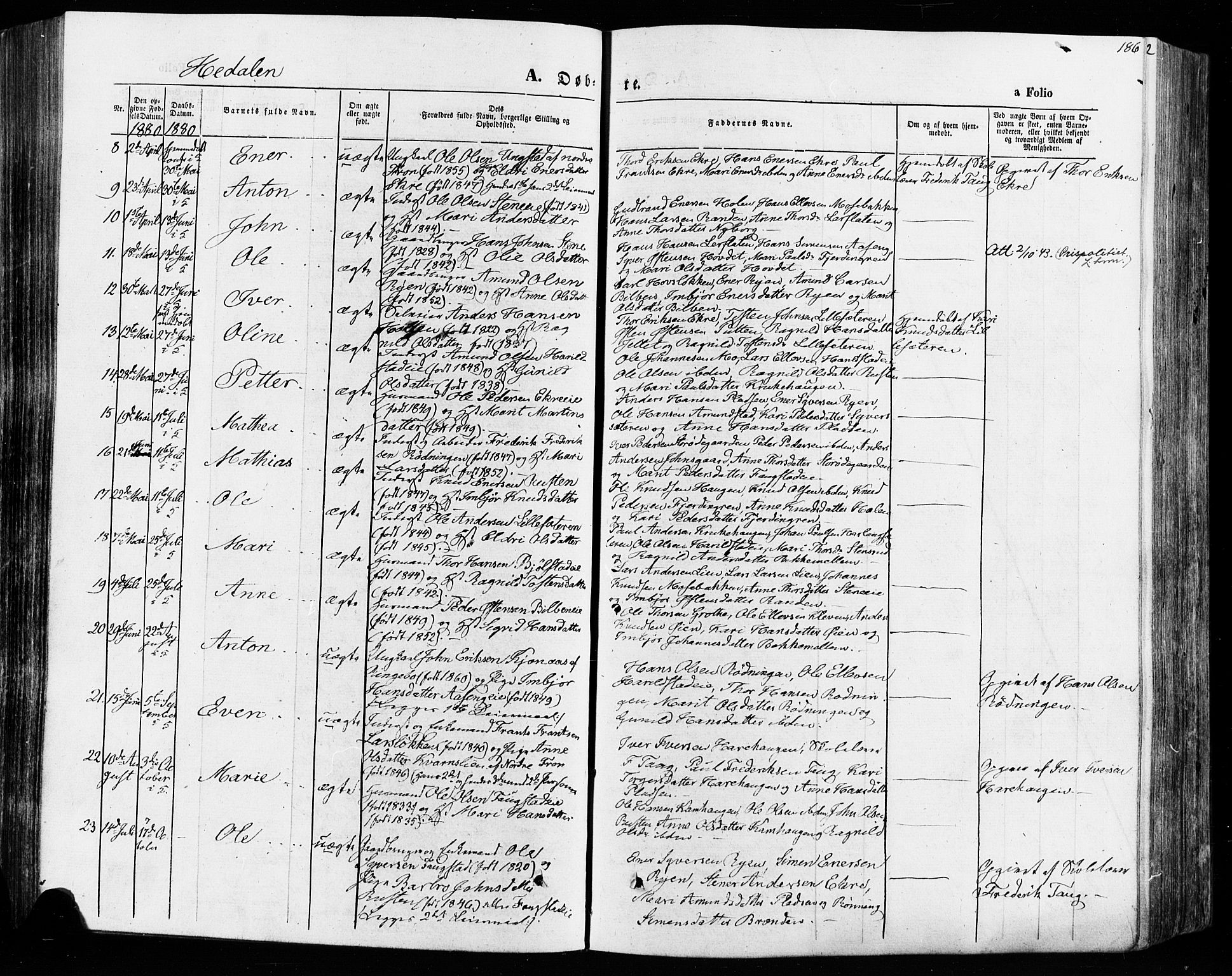 Vågå prestekontor, SAH/PREST-076/H/Ha/Haa/L0007: Parish register (official) no. 7 /2, 1873-1886, p. 186