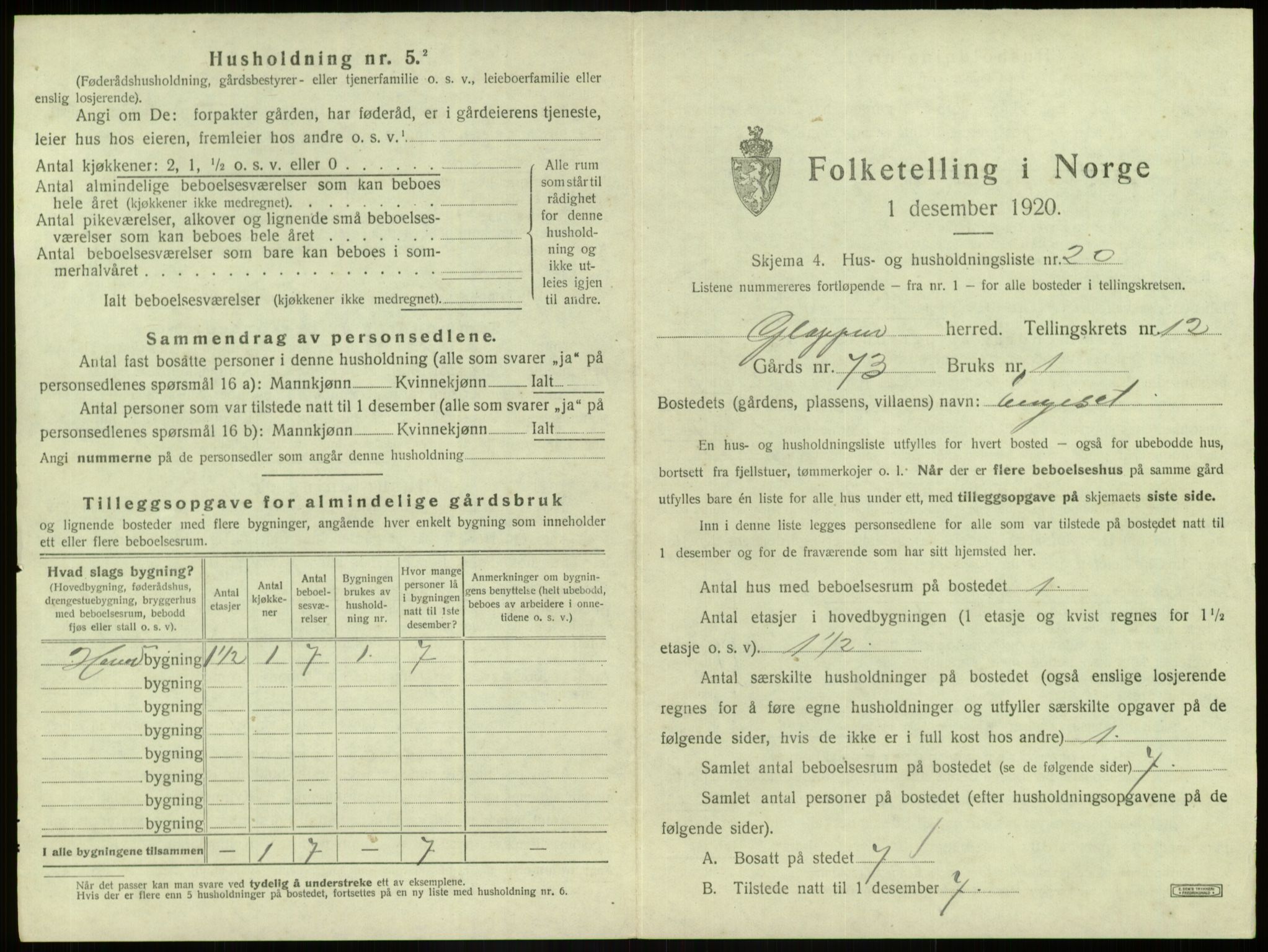 SAB, 1920 census for Gloppen, 1920, p. 828