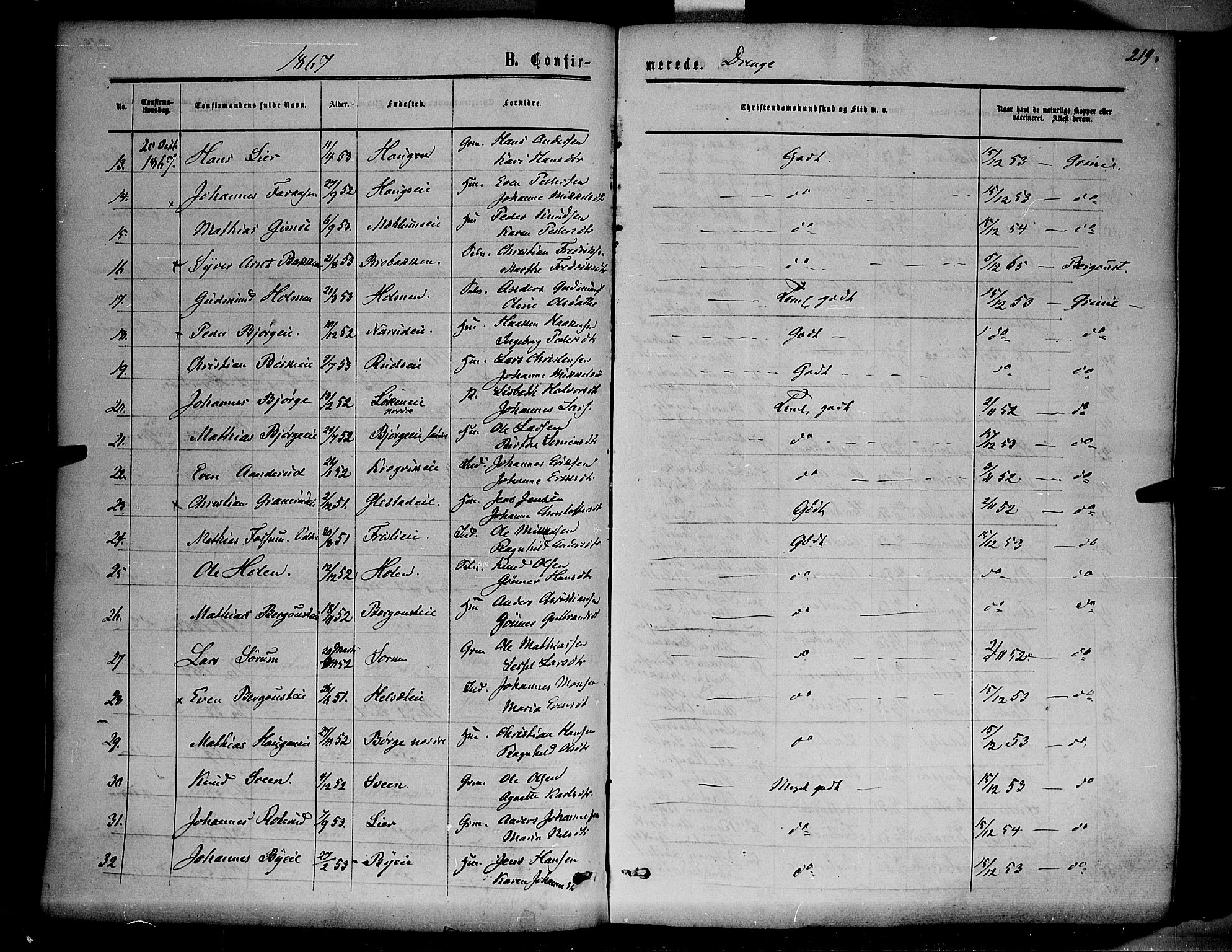 Ringsaker prestekontor, SAH/PREST-014/K/Ka/L0010: Parish register (official) no. 10, 1861-1869, p. 219