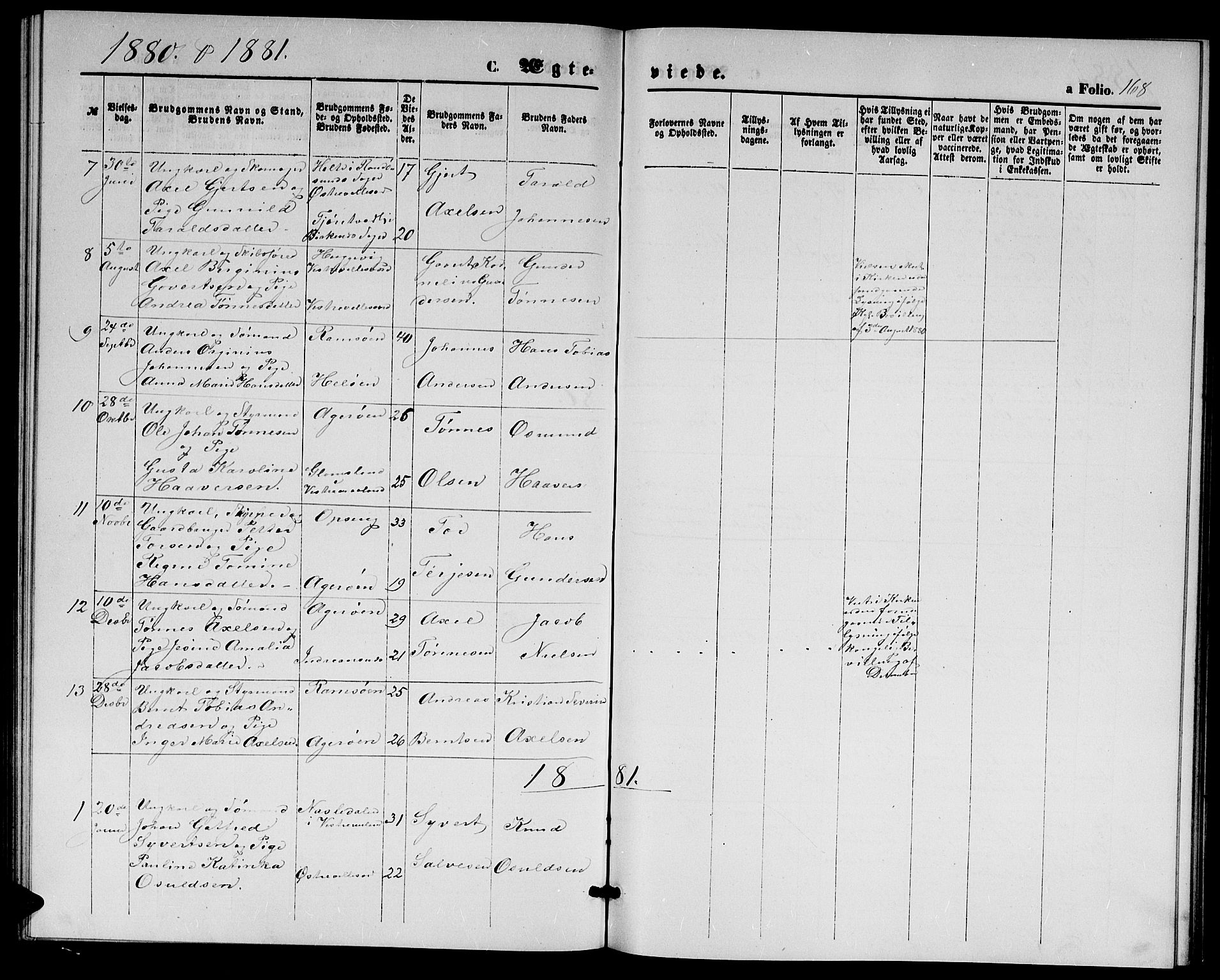 Høvåg sokneprestkontor, AV/SAK-1111-0025/F/Fb/L0003: Parish register (copy) no. B 3, 1870-1882, p. 168