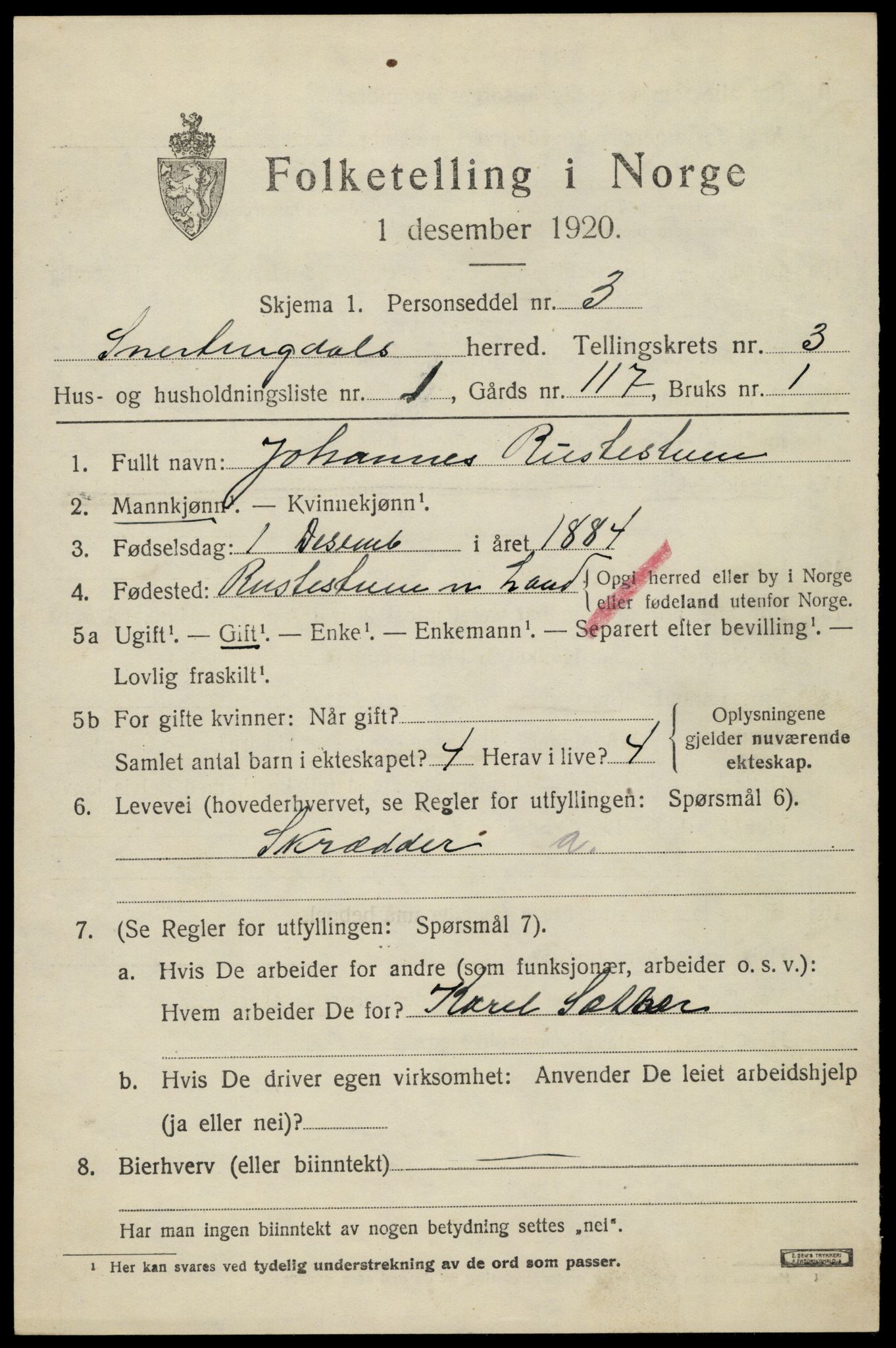 SAH, 1920 census for Snertingdal, 1920, p. 2601