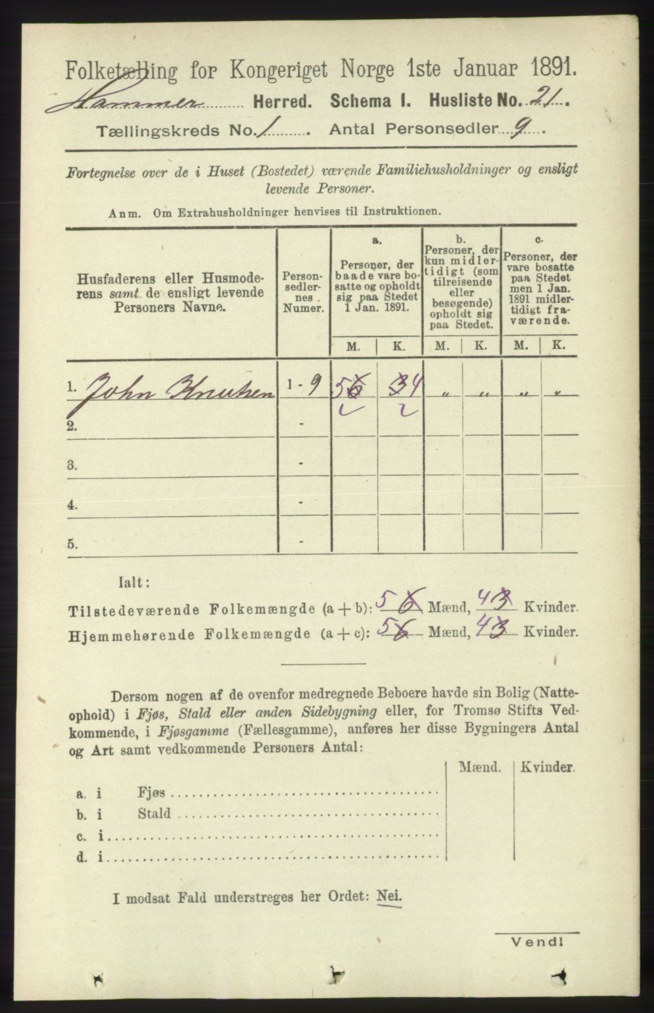 RA, 1891 census for 1254 Hamre, 1891, p. 61