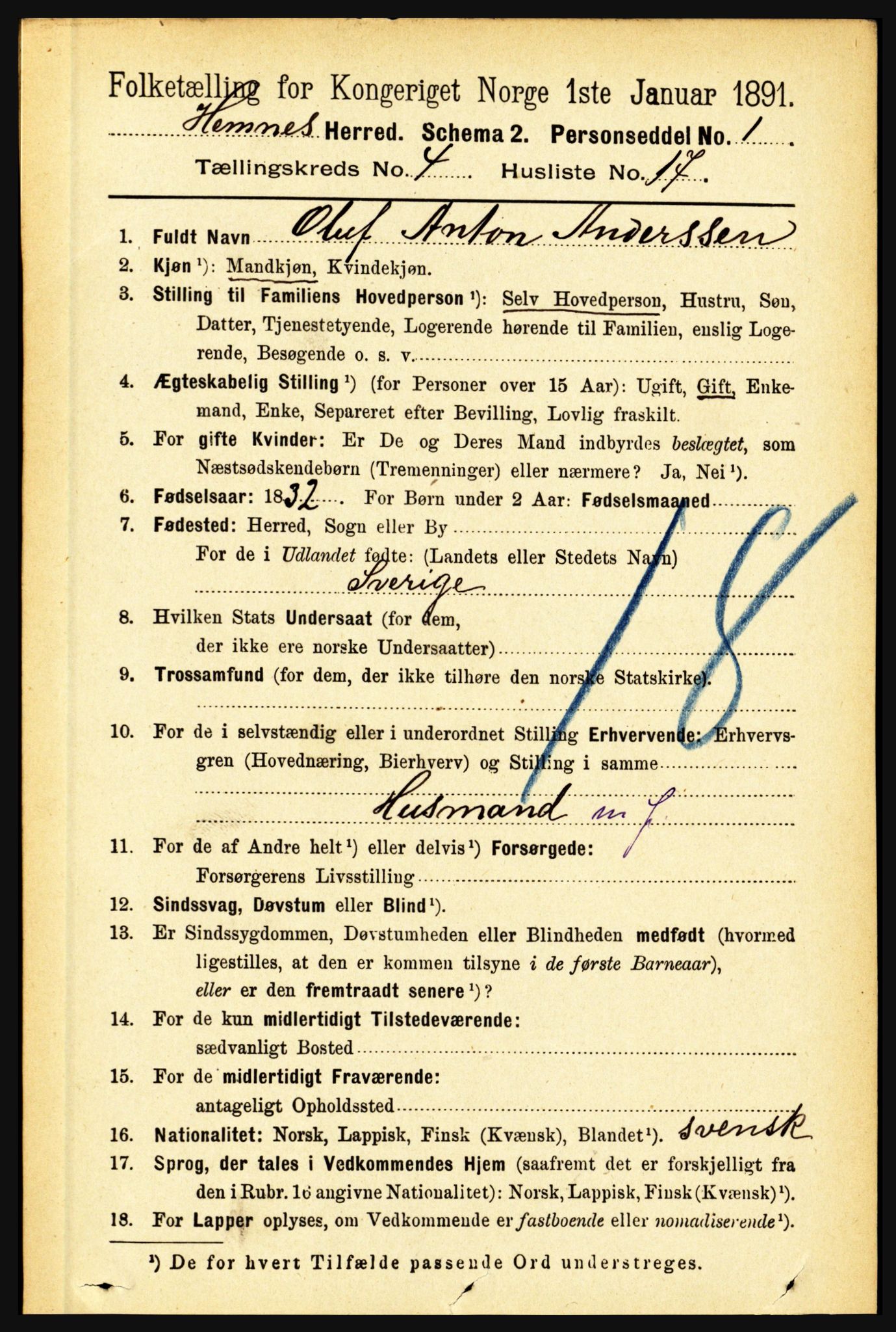 RA, 1891 census for 1832 Hemnes, 1891, p. 2357