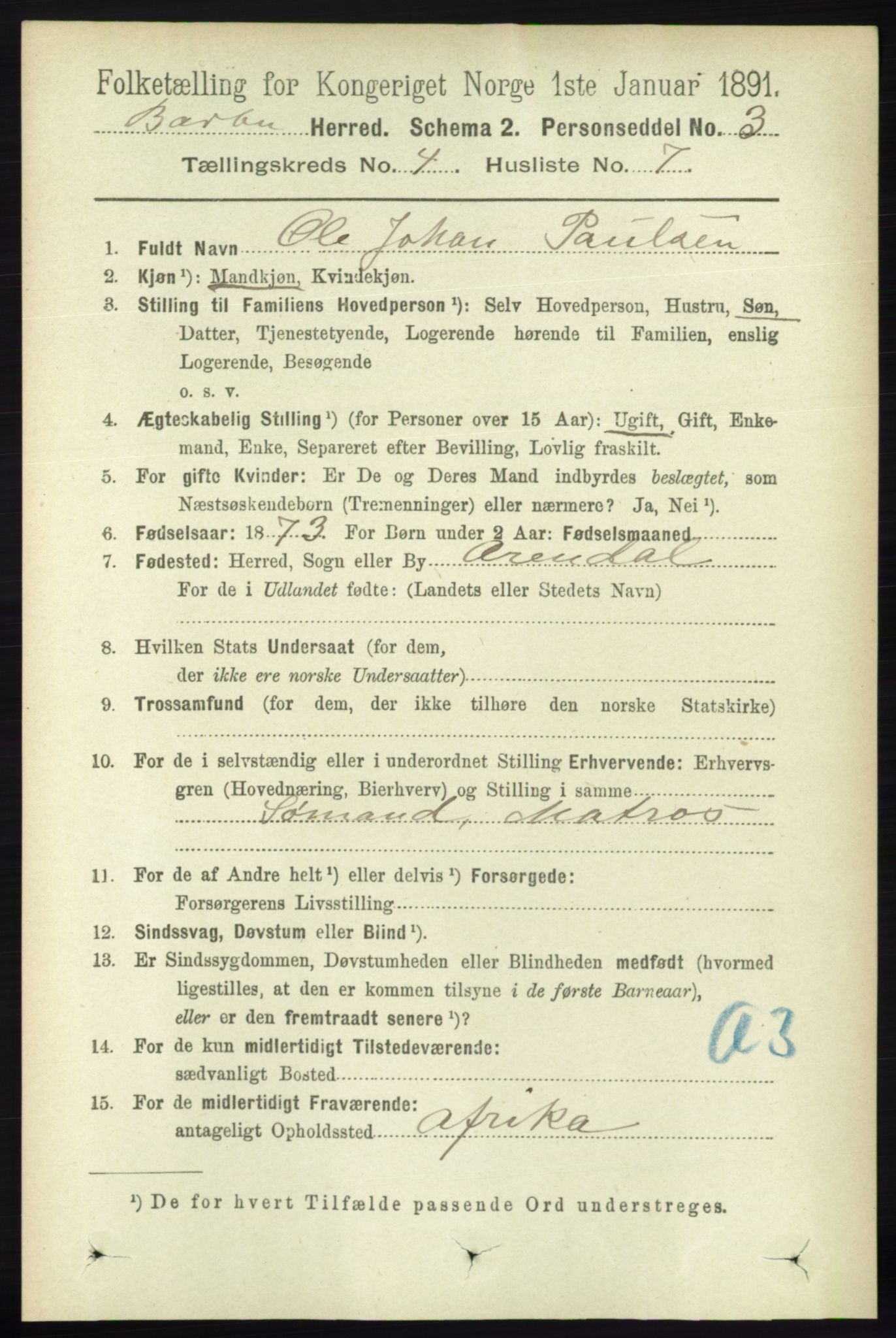 RA, 1891 census for 0990 Barbu, 1891, p. 2485