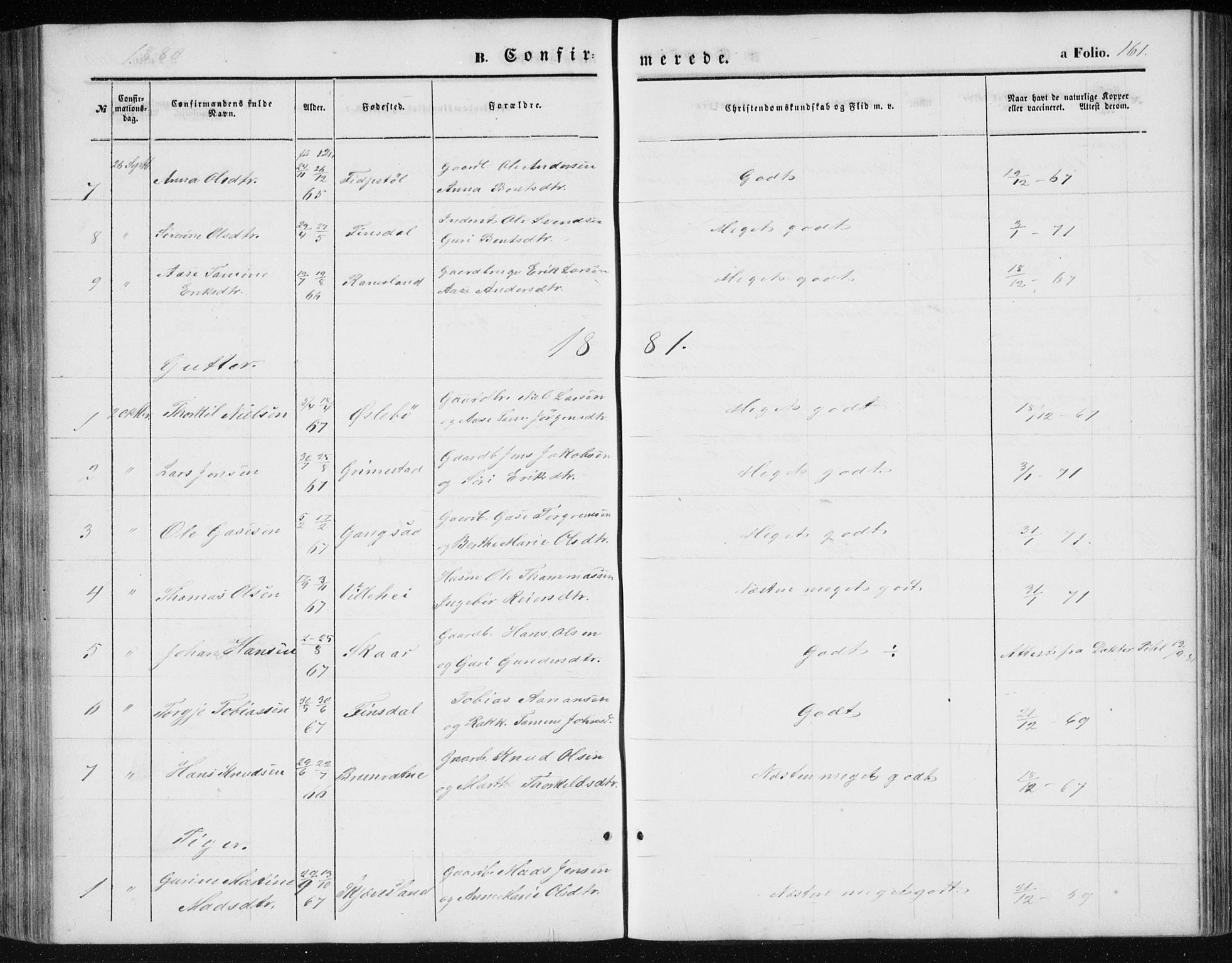 Holum sokneprestkontor, AV/SAK-1111-0022/F/Fb/Fbc/L0002: Parish register (copy) no. B 2, 1860-1882, p. 161