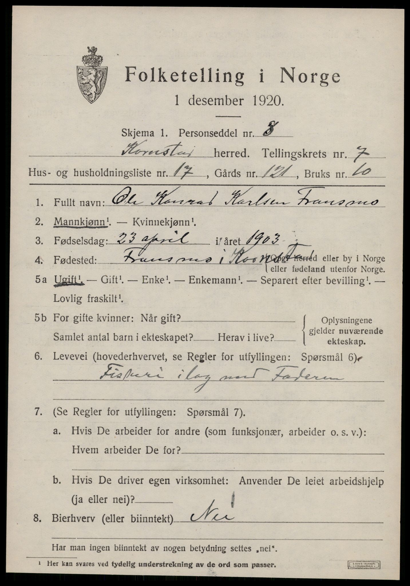 SAT, 1920 census for Kornstad, 1920, p. 3949