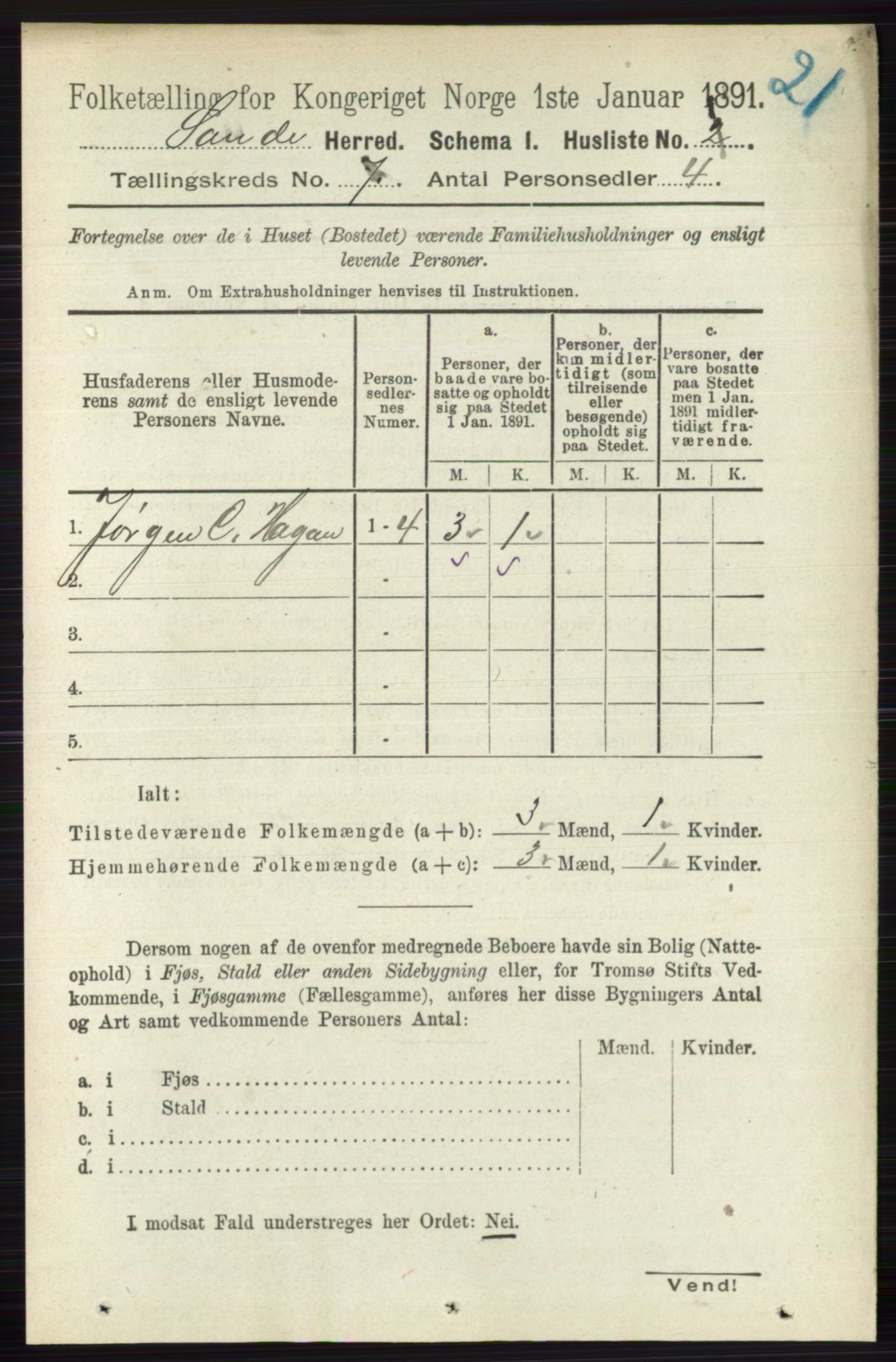 RA, 1891 census for 0713 Sande, 1891, p. 3081