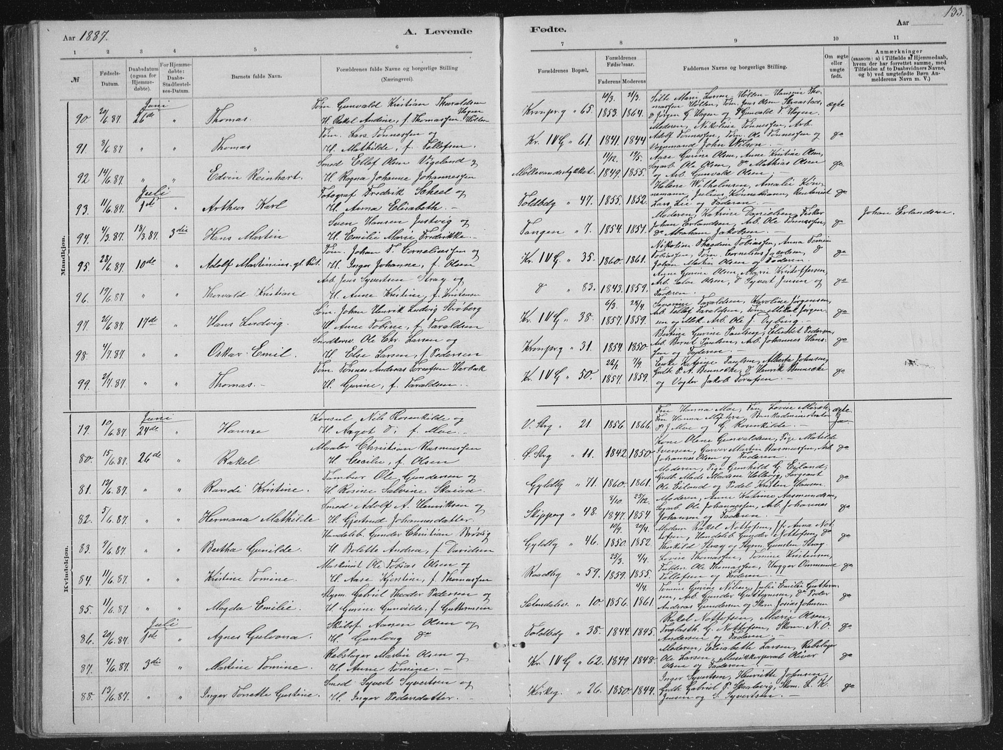 Kristiansand domprosti, SAK/1112-0006/F/Fb/L0014: Parish register (copy) no. B 14, 1881-1896, p. 133