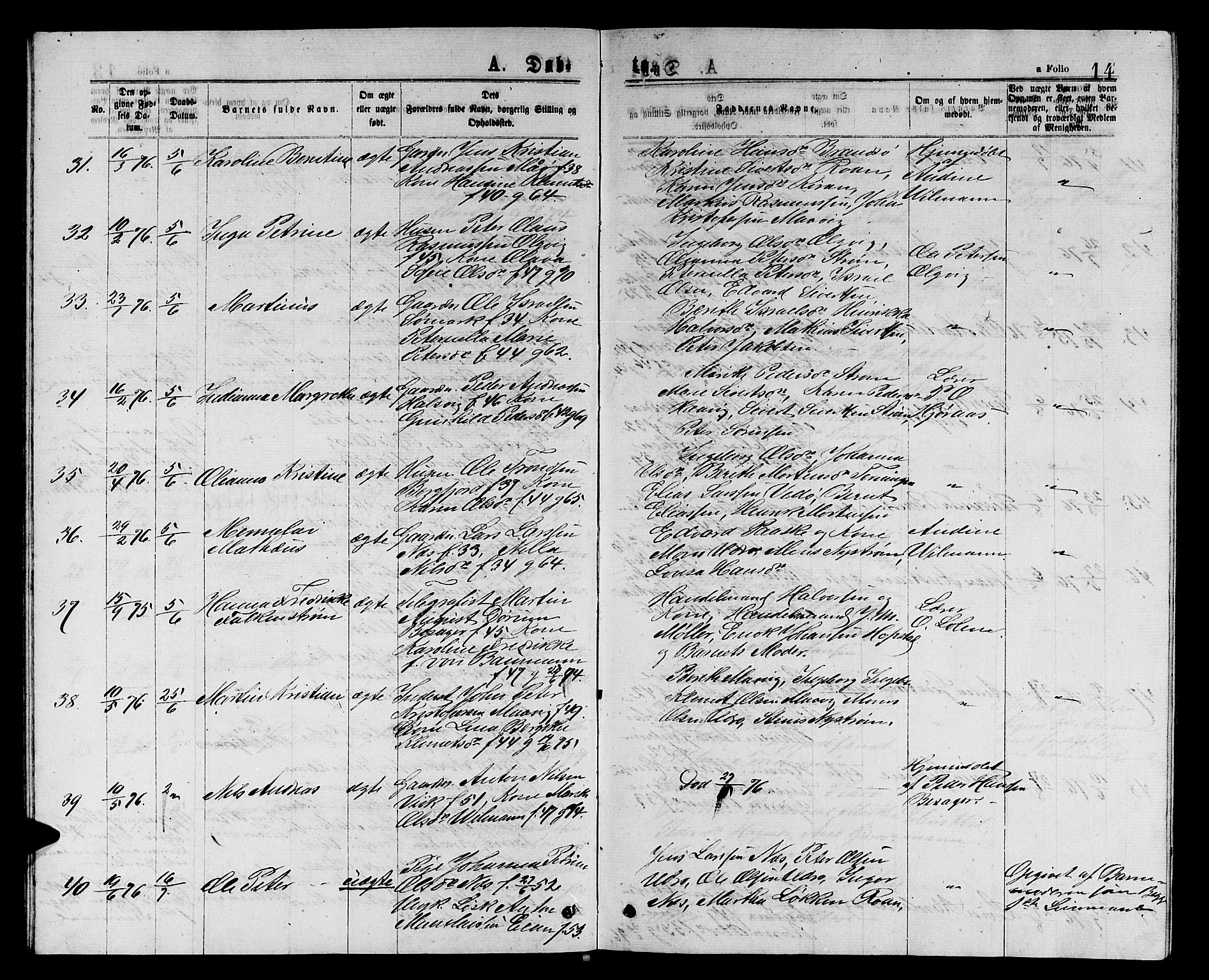 Ministerialprotokoller, klokkerbøker og fødselsregistre - Sør-Trøndelag, AV/SAT-A-1456/657/L0715: Parish register (copy) no. 657C02, 1873-1888, p. 14