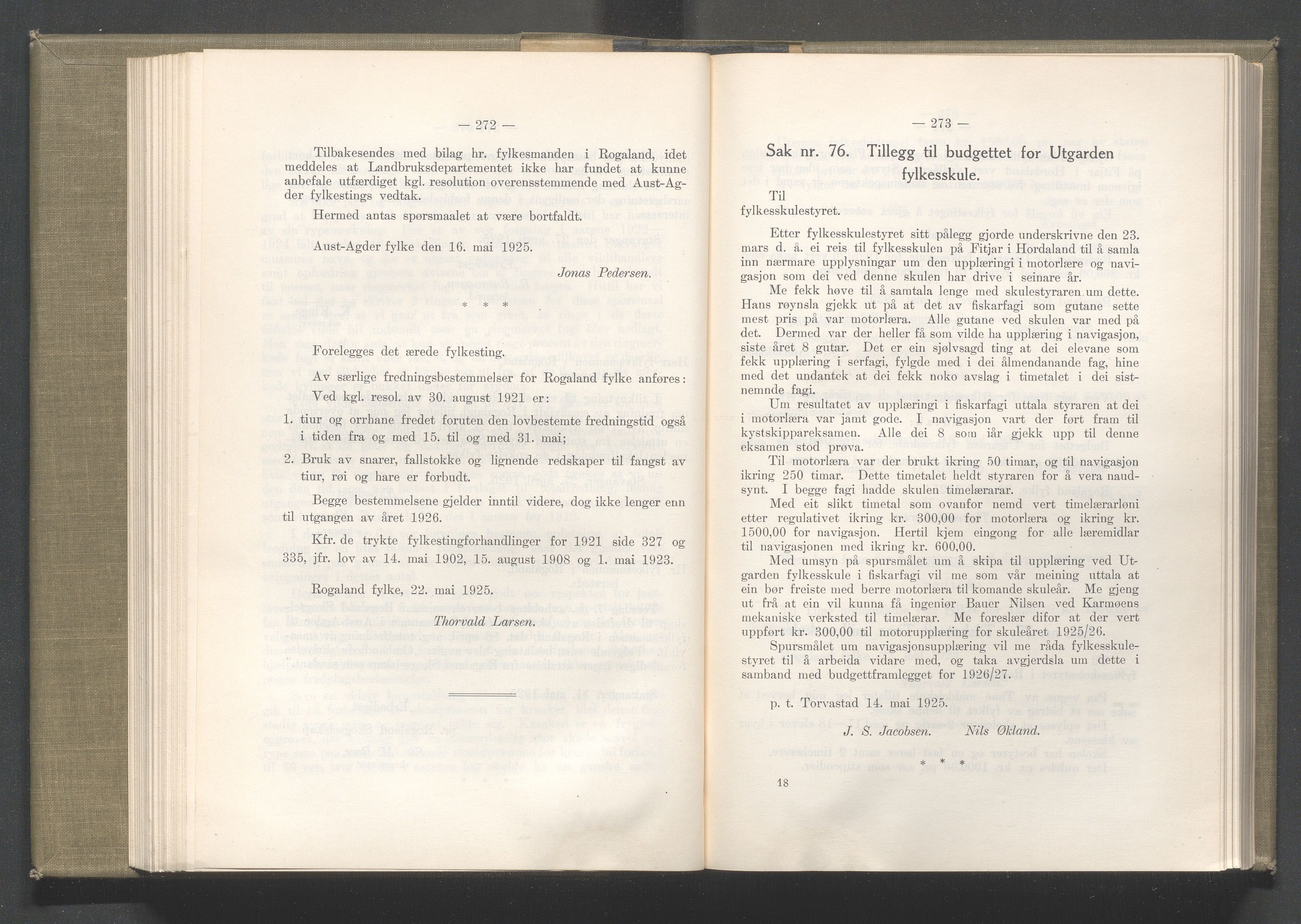 Rogaland fylkeskommune - Fylkesrådmannen , IKAR/A-900/A/Aa/Aaa/L0044: Møtebok , 1925, p. 272-273