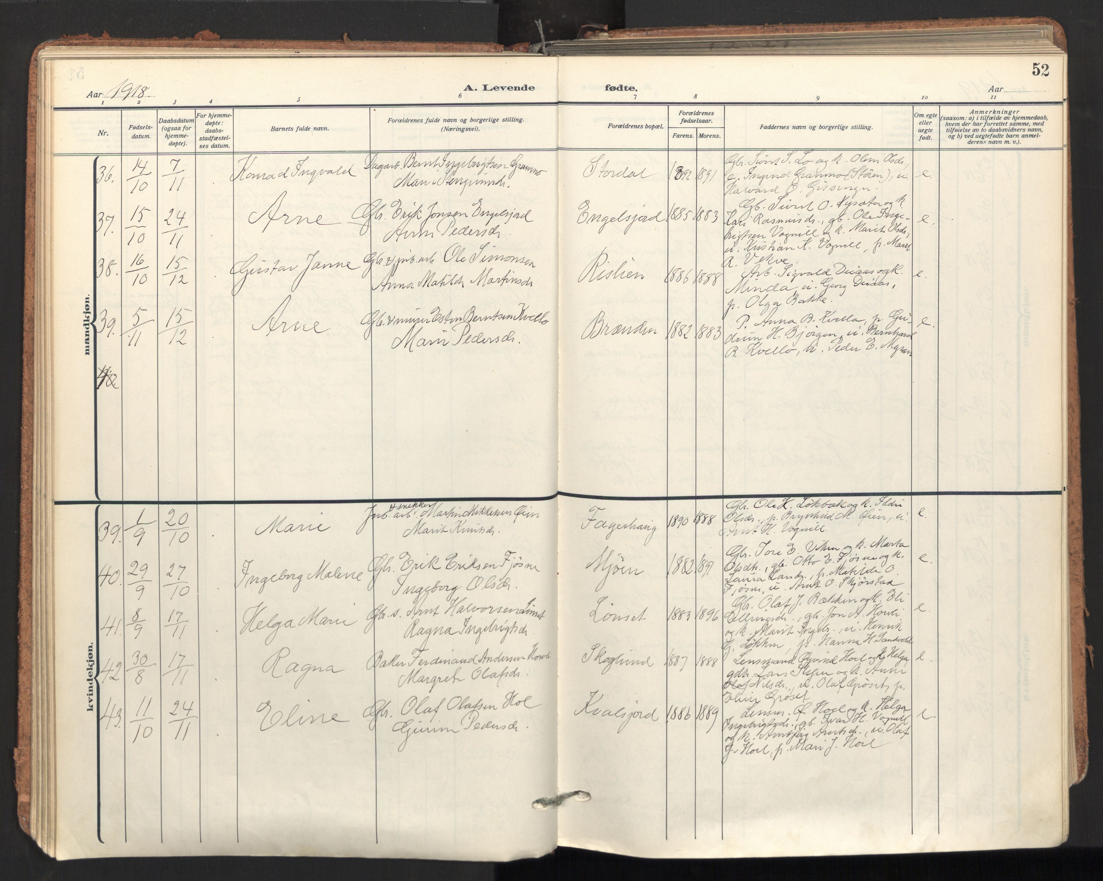 Ministerialprotokoller, klokkerbøker og fødselsregistre - Sør-Trøndelag, SAT/A-1456/678/L0909: Parish register (official) no. 678A17, 1912-1930, p. 52