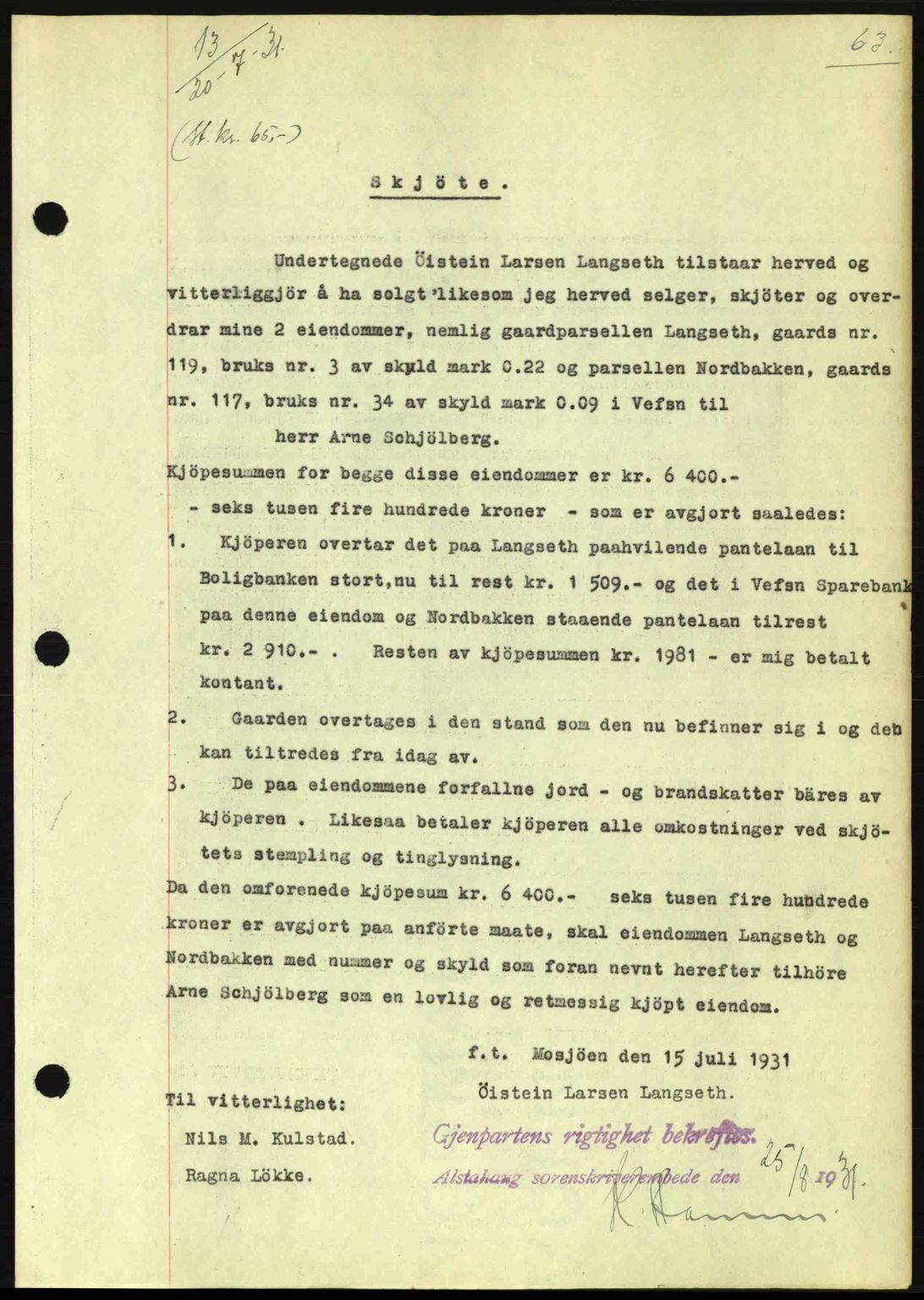 Alstahaug sorenskriveri, SAT/A-1009: Mortgage book no. 38, 1930-1931, Deed date: 20.07.1931