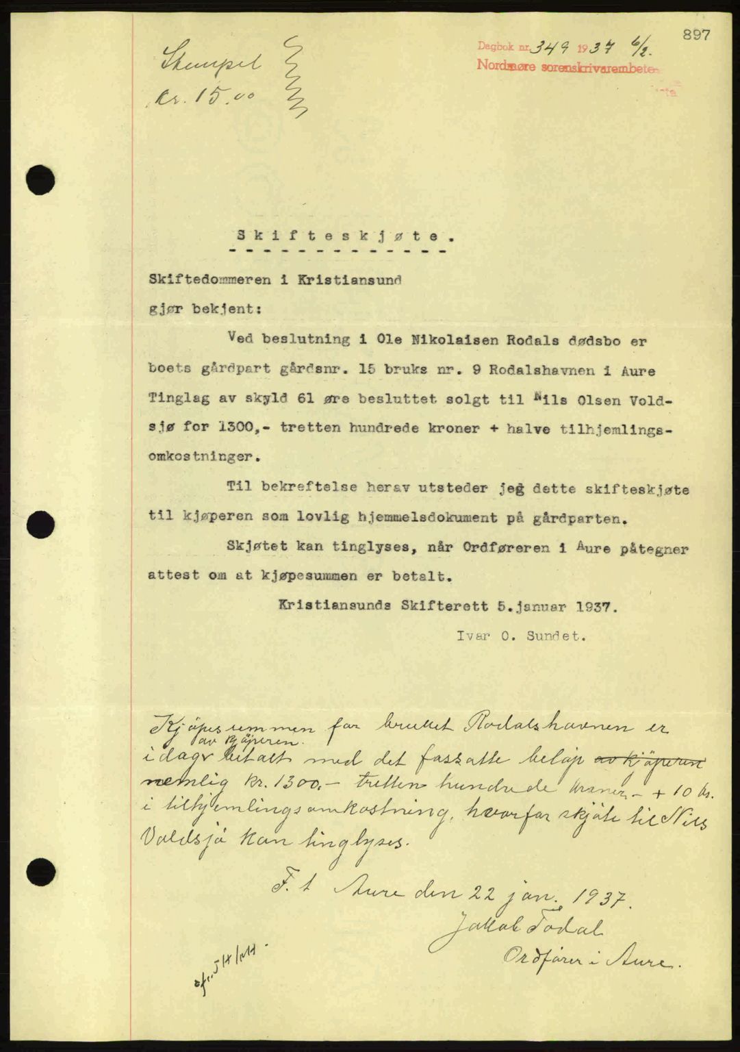 Nordmøre sorenskriveri, AV/SAT-A-4132/1/2/2Ca: Mortgage book no. A80, 1936-1937, Diary no: : 349/1937