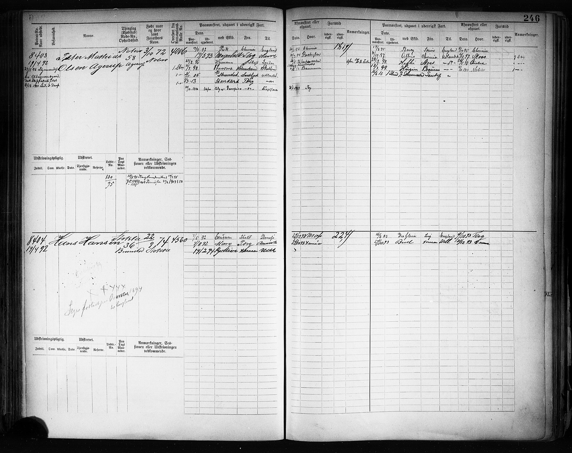 Tønsberg innrulleringskontor, AV/SAKO-A-786/F/Fc/Fcb/L0008: Hovedrulle Patent nr. 7907-9042, 1889-1900, p. 251