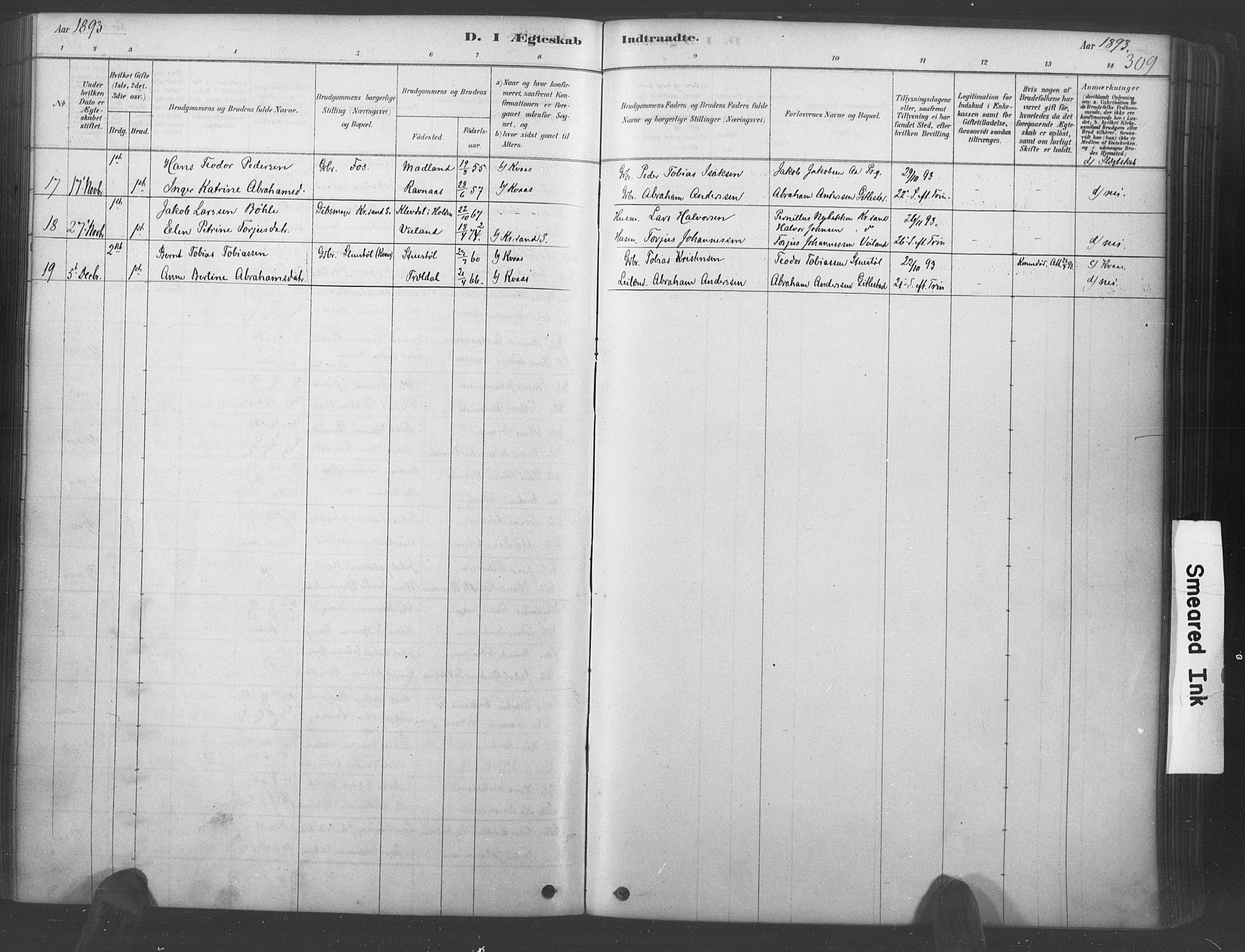 Lyngdal sokneprestkontor, AV/SAK-1111-0029/F/Fa/Fac/L0011: Parish register (official) no. A 11, 1878-1893, p. 309