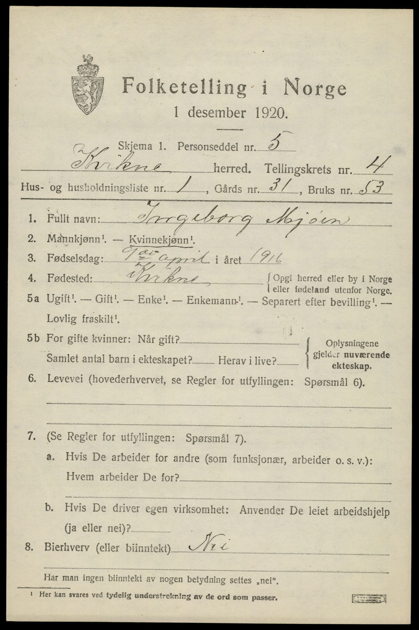 SAH, 1920 census for Kvikne, 1920, p. 1636