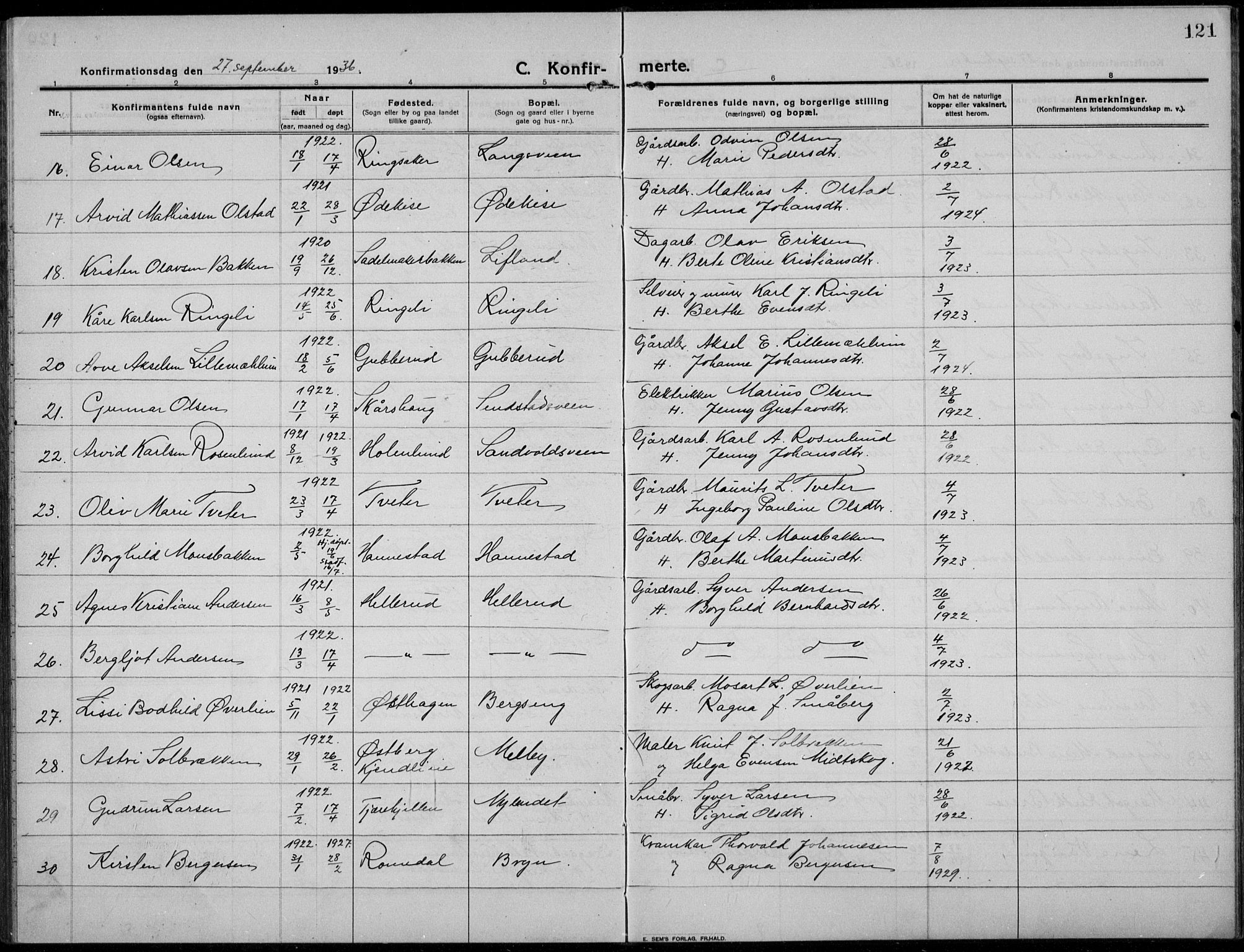 Nes prestekontor, Hedmark, SAH/PREST-020/L/La/L0009: Parish register (copy) no. 9, 1913-1936, p. 121