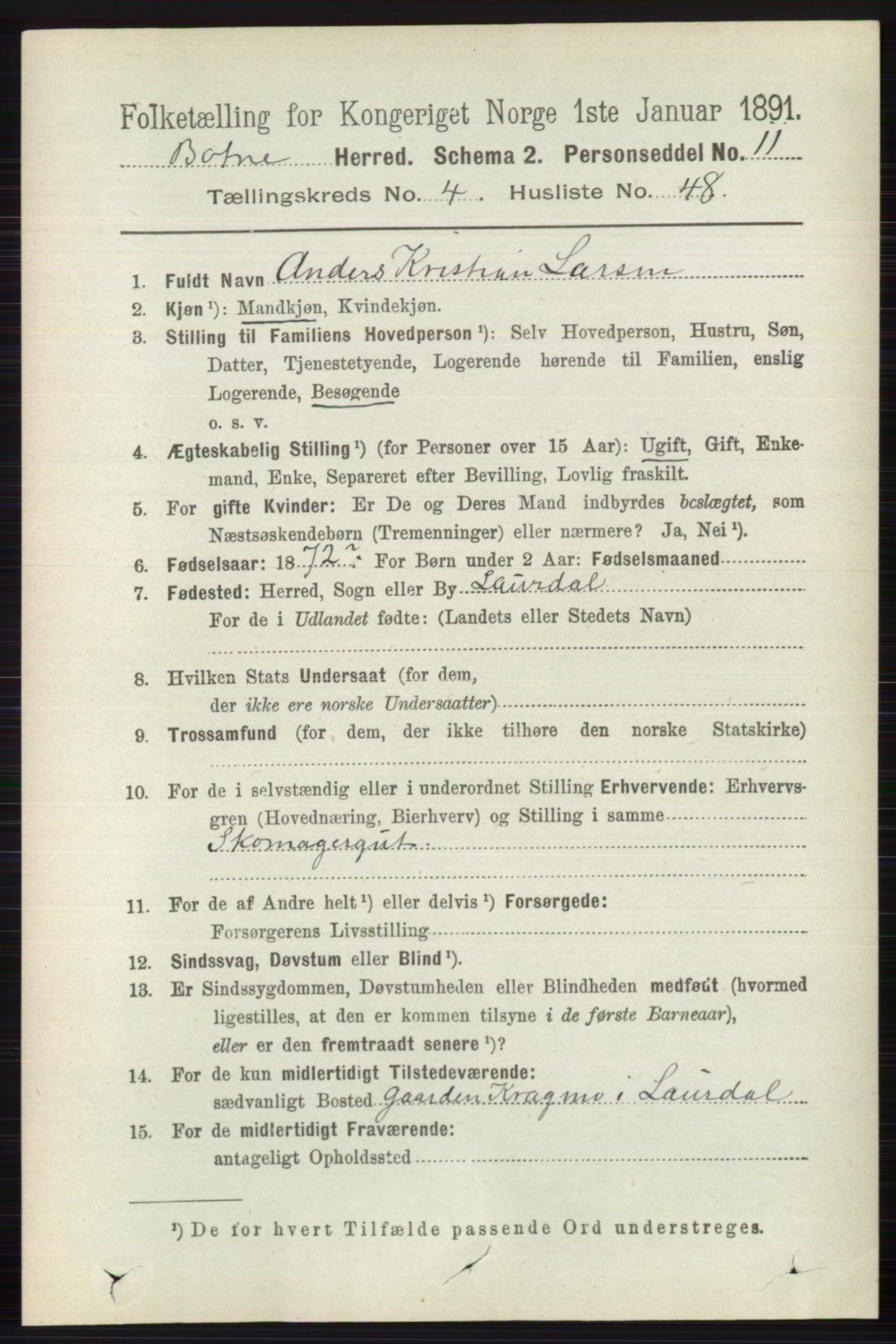 RA, 1891 census for 0715 Botne, 1891, p. 1879