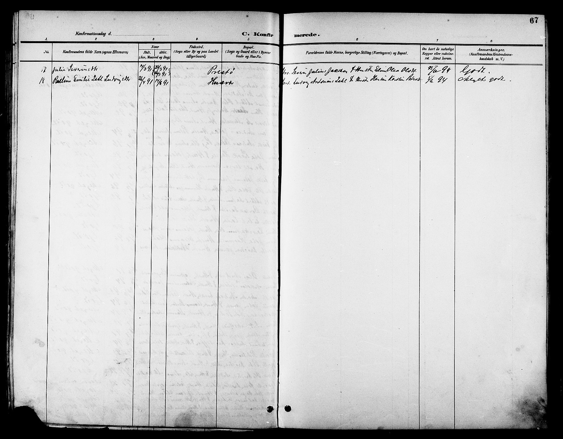 Ministerialprotokoller, klokkerbøker og fødselsregistre - Nordland, SAT/A-1459/830/L0463: Parish register (copy) no. 830C05, 1895-1906, p. 67