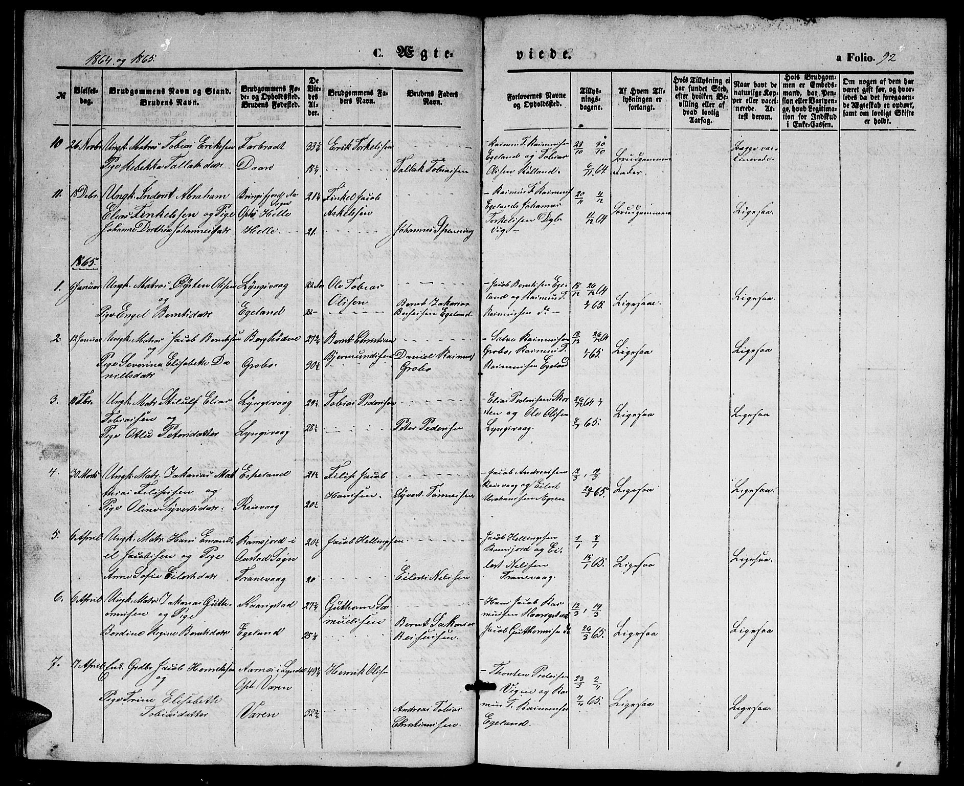 Herad sokneprestkontor, AV/SAK-1111-0018/F/Fb/Fbb/L0002: Parish register (copy) no. B 2, 1853-1871, p. 92