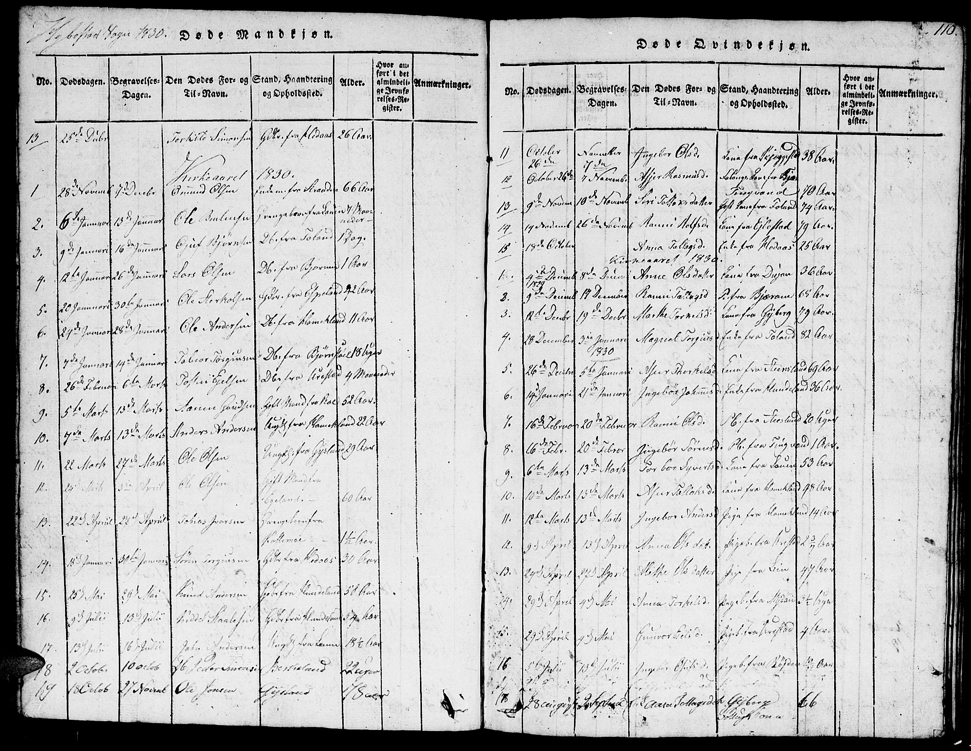 Hægebostad sokneprestkontor, SAK/1111-0024/F/Fb/Fba/L0001: Parish register (copy) no. B 1, 1815-1844, p. 110