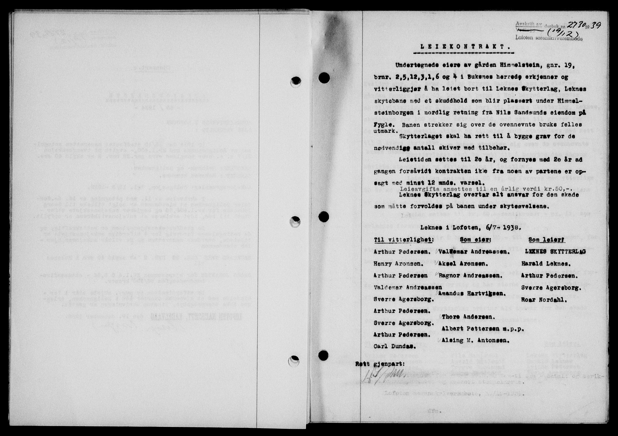 Lofoten sorenskriveri, SAT/A-0017/1/2/2C/L0007a: Mortgage book no. 7a, 1939-1940, Diary no: : 2730/1939