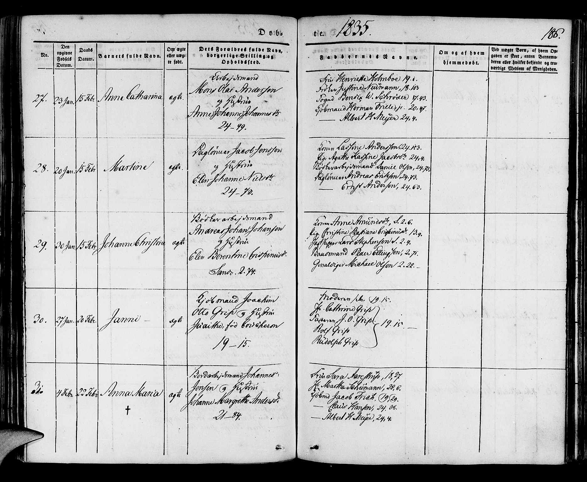 Korskirken sokneprestembete, AV/SAB-A-76101/H/Haa/L0015: Parish register (official) no. B 1, 1833-1841, p. 186