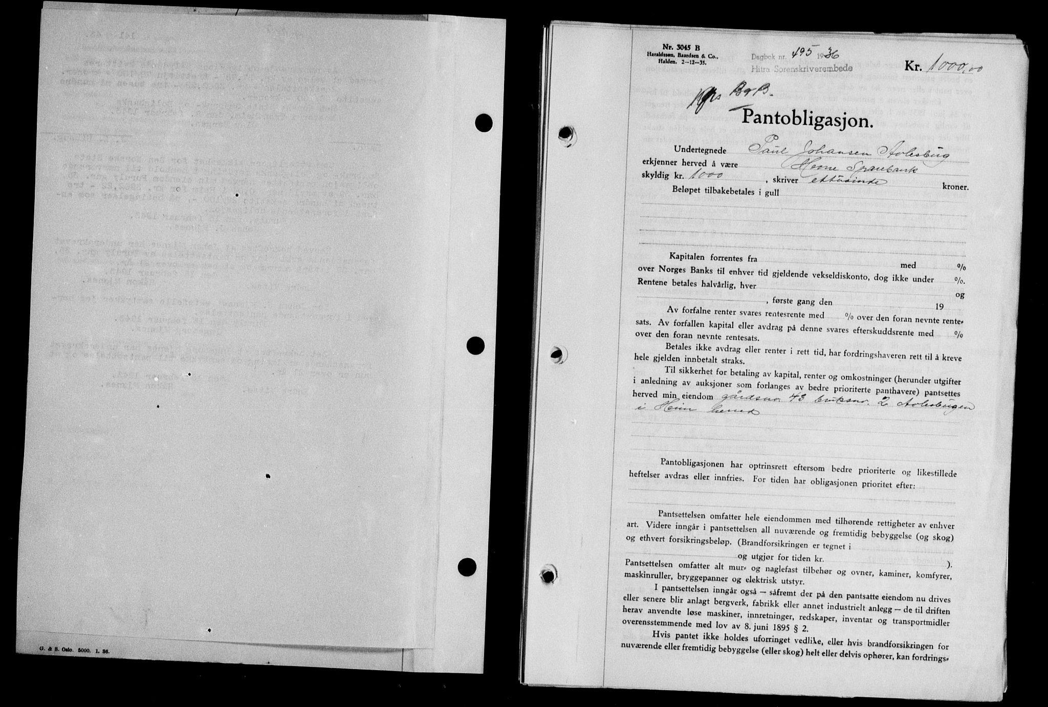 Hitra sorenskriveri, AV/SAT-A-0018/2/2C/2Ca/L0028: Mortgage book no. B-1, 1936-1939, Diary no: : 495/1936