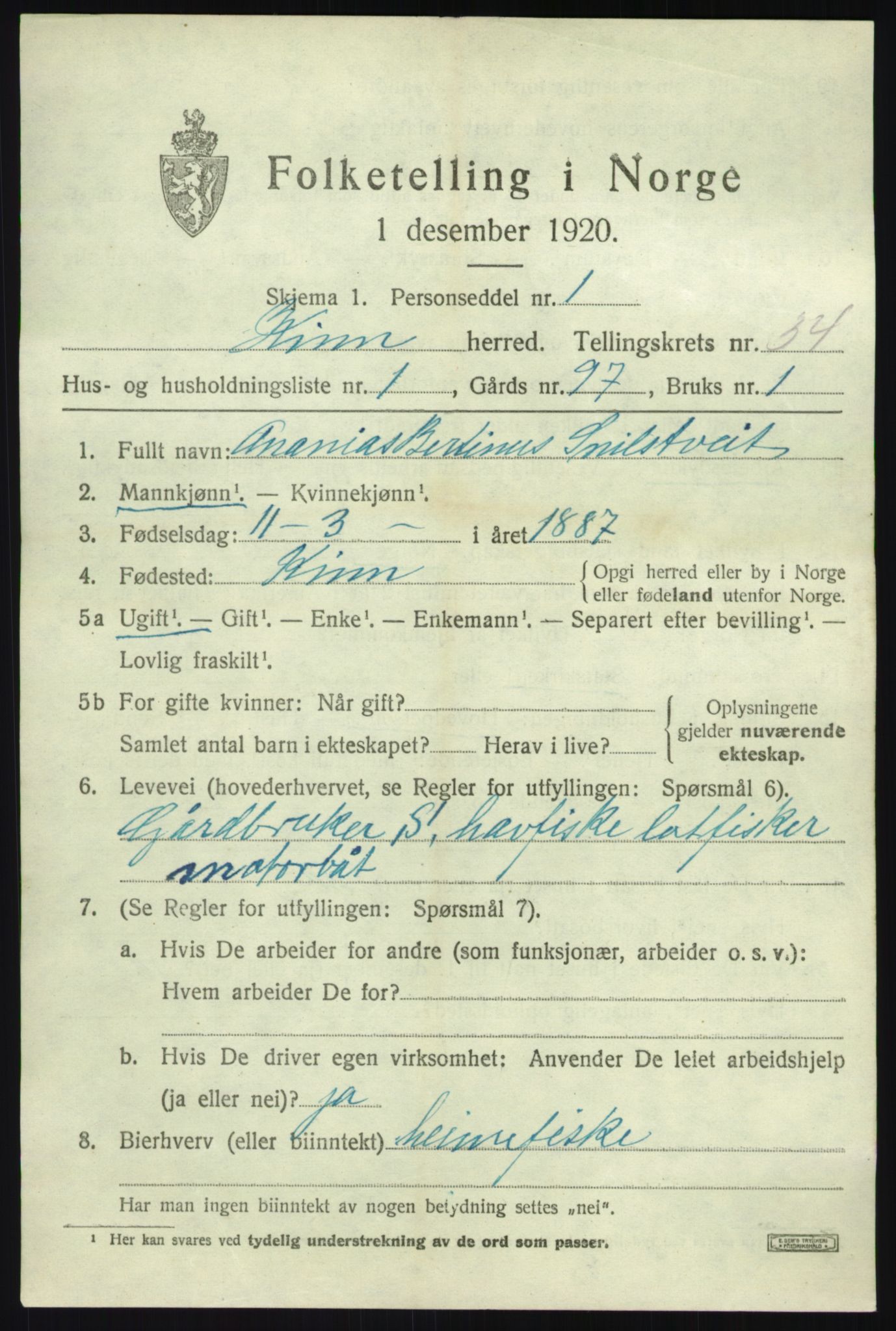 SAB, 1920 census for Kinn, 1920, p. 11135