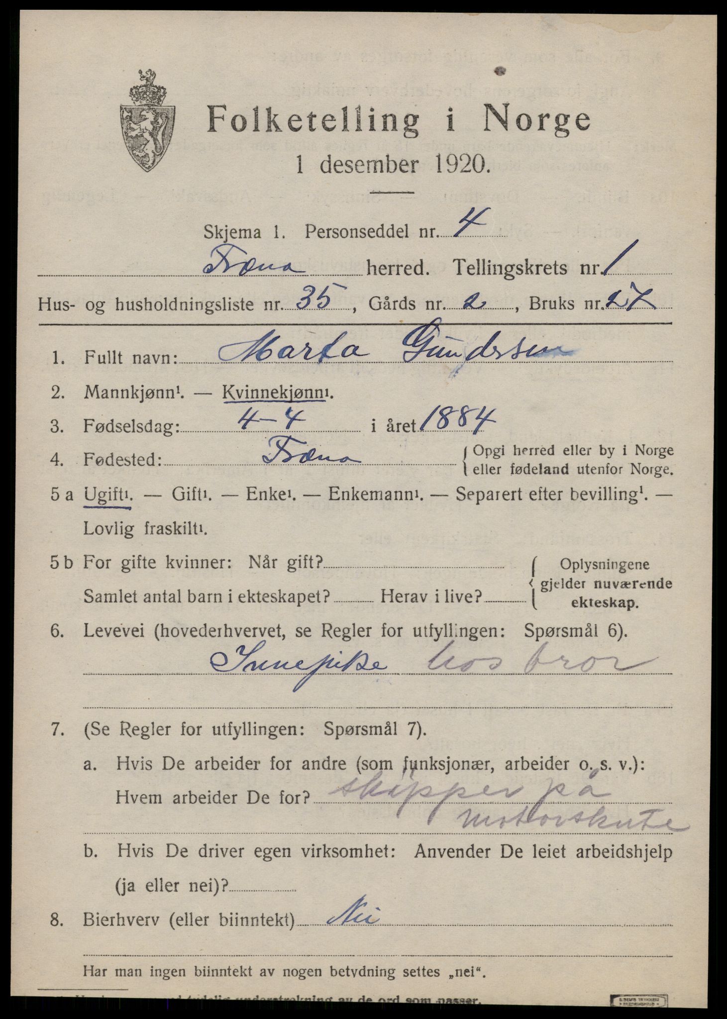 SAT, 1920 census for Fræna, 1920, p. 1501