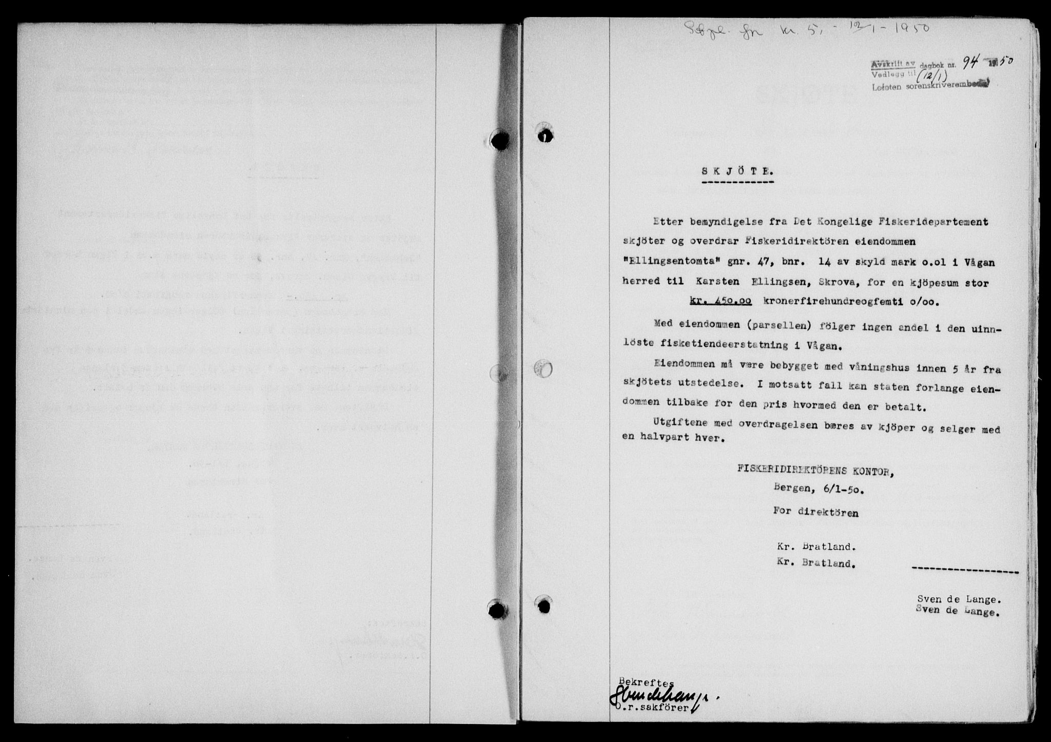 Lofoten sorenskriveri, SAT/A-0017/1/2/2C/L0022a: Mortgage book no. 22a, 1949-1950, Diary no: : 94/1950